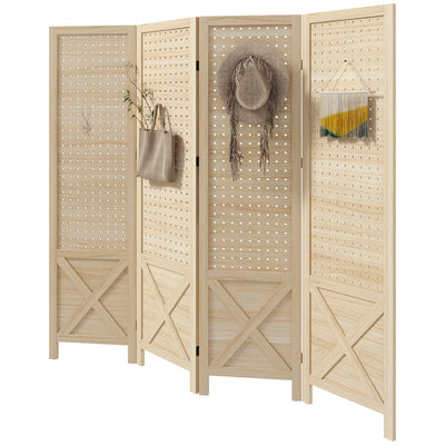 HOMCOM 4.7ft Room Separator, 4-Panel Pegboard Privacy Screen for Home Office & Studio, Wooden Material, Natural 