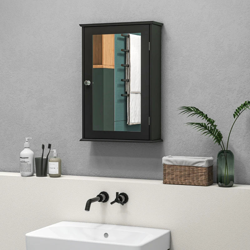 Bathroom Mirror Cabinet, Wall Mounted Medicine Cabinet with Door and Shelves, Black