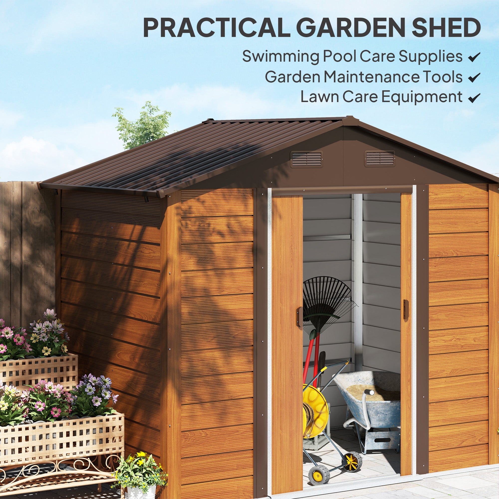 Outsunny 7.7' x 6.5' Outdoor Metal Garden Shed House Hut Gardening Tool Storage with Ventilation, Dark Brown with Wood Grain 