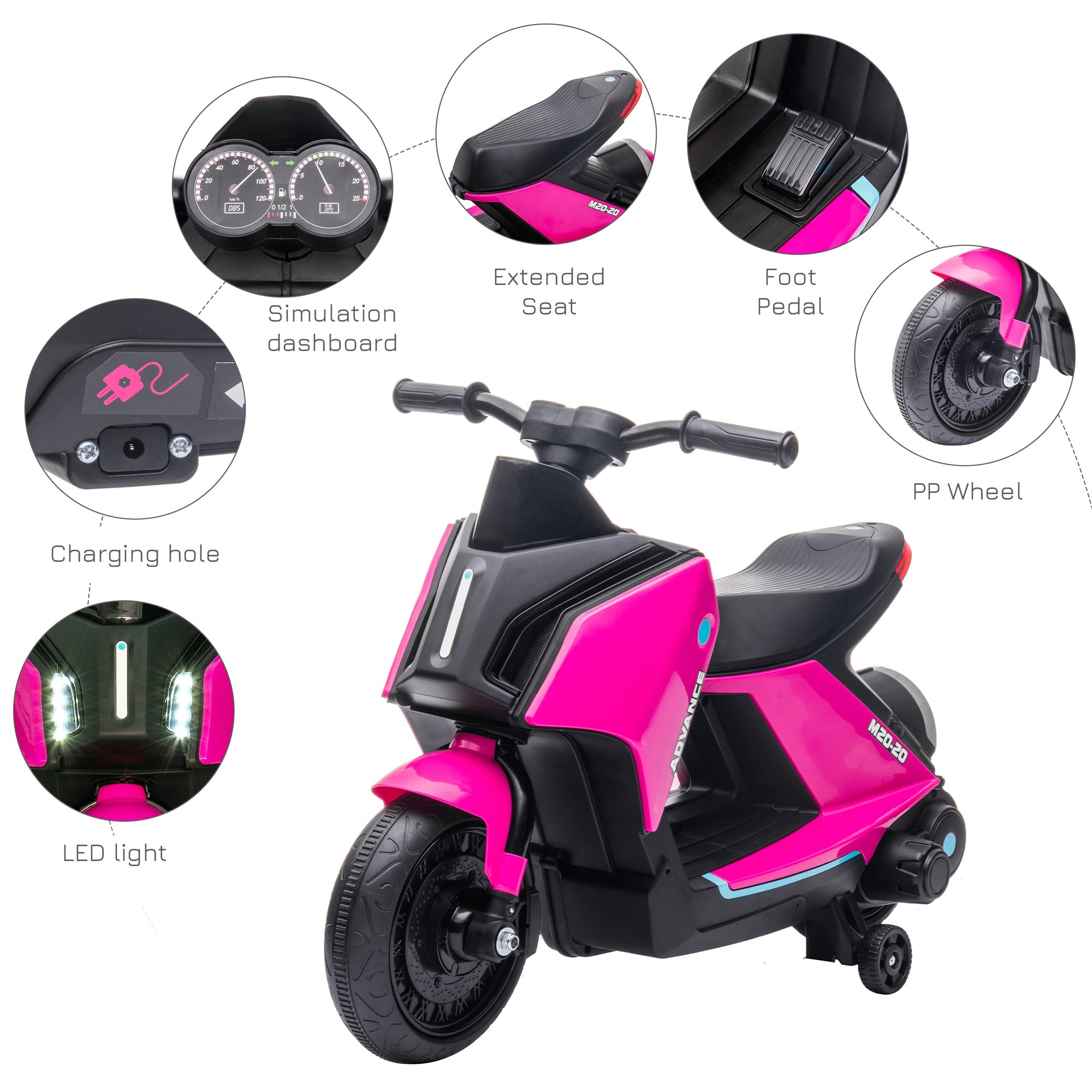 Aosom Kids Ride-On Electric Motorcycle Toy with 6V Rechargable Battery, Training Wheels, Music, Headlights, Pink 