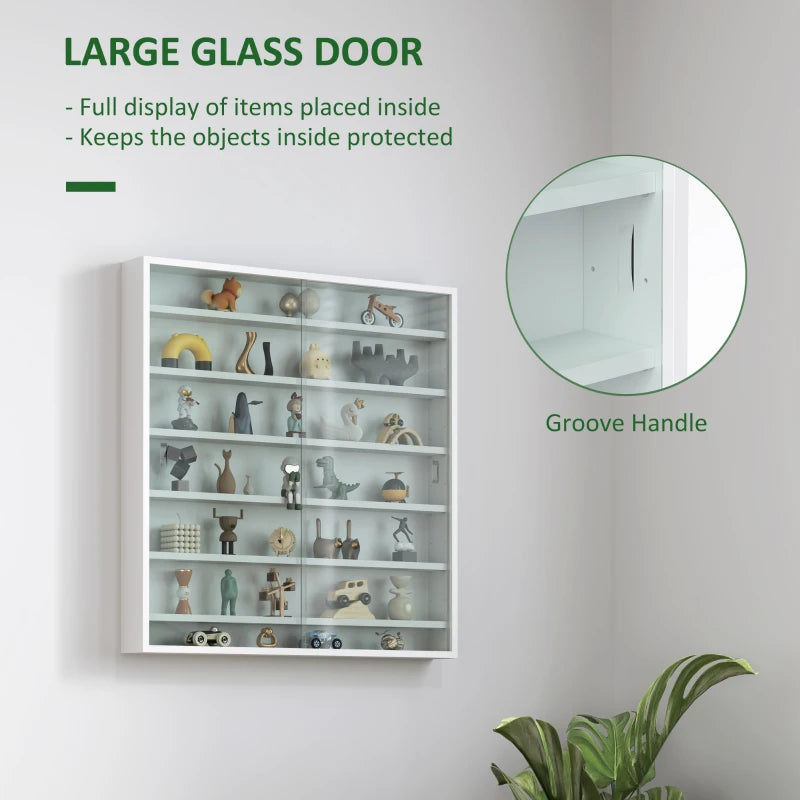 7-Tier Display Cabinet, Shot Glass Display Case, Glass Curio Cabinet with 2 Glass Doors and 6 Adjustable Shelves, White
