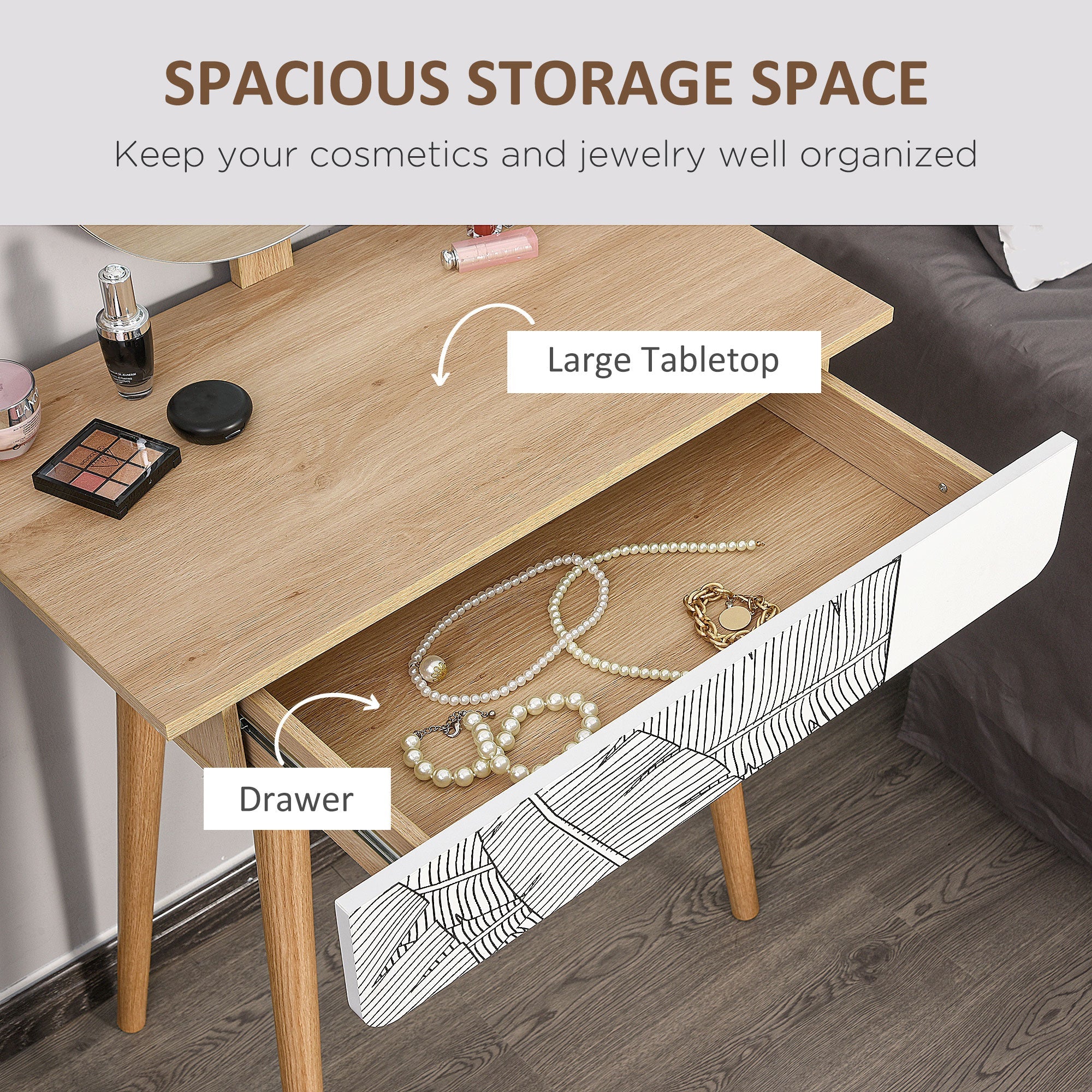 HOMCOM Dressing Makeup Desk Oak Color with Drawer and Mirror Wooden Small Elegant Durable for Bedroom 