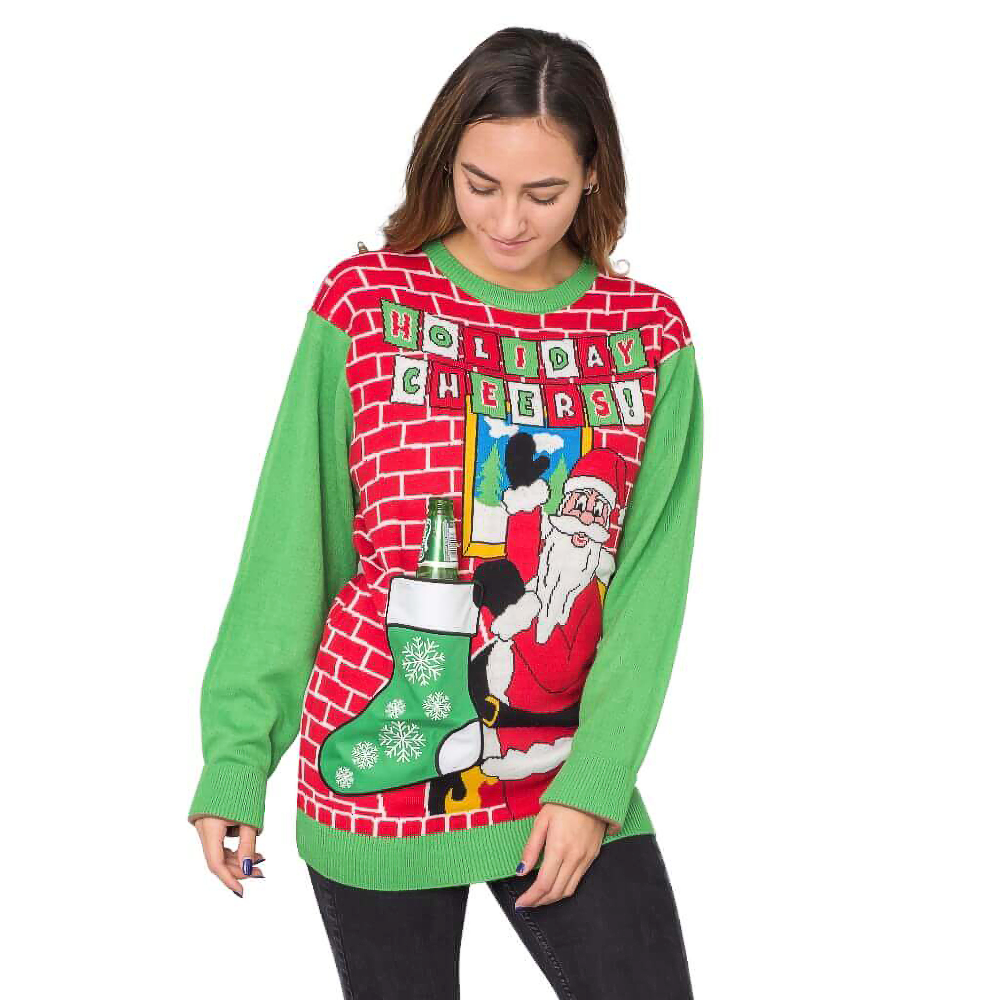 Holiday Cheers! Santa With Beer Holder Stocking  Sweater 