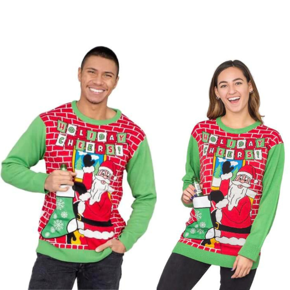Couple - Holiday Cheers! Santa With Beer Holder Stocking  Sweater 