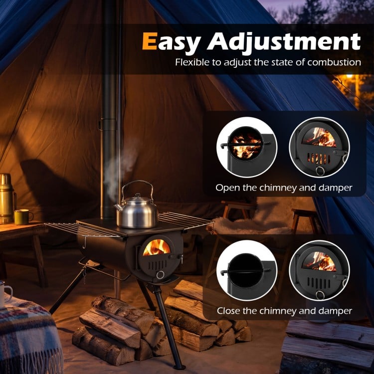 Hot Tent Stove with Chimney Pipes and Foldable Legs for Outdoor Heating