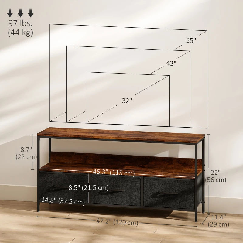 TV Stand with Charging Station, TV Table with 3 Foldable Linen Drawers and Open Shelf for 55 Inch Television, Rustic Brown