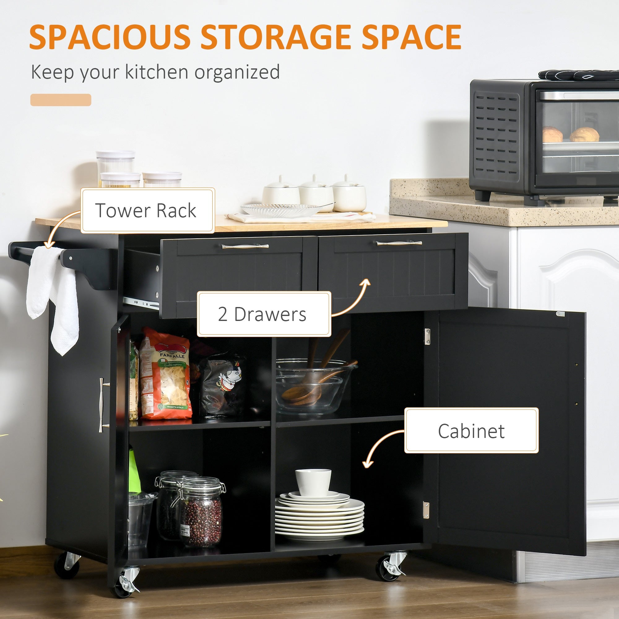 HOMCOM Mobile Kitchen Maestro: Rubber Wood Top Cart with Storage Drawers, Towel Rack, Black Cabinet 