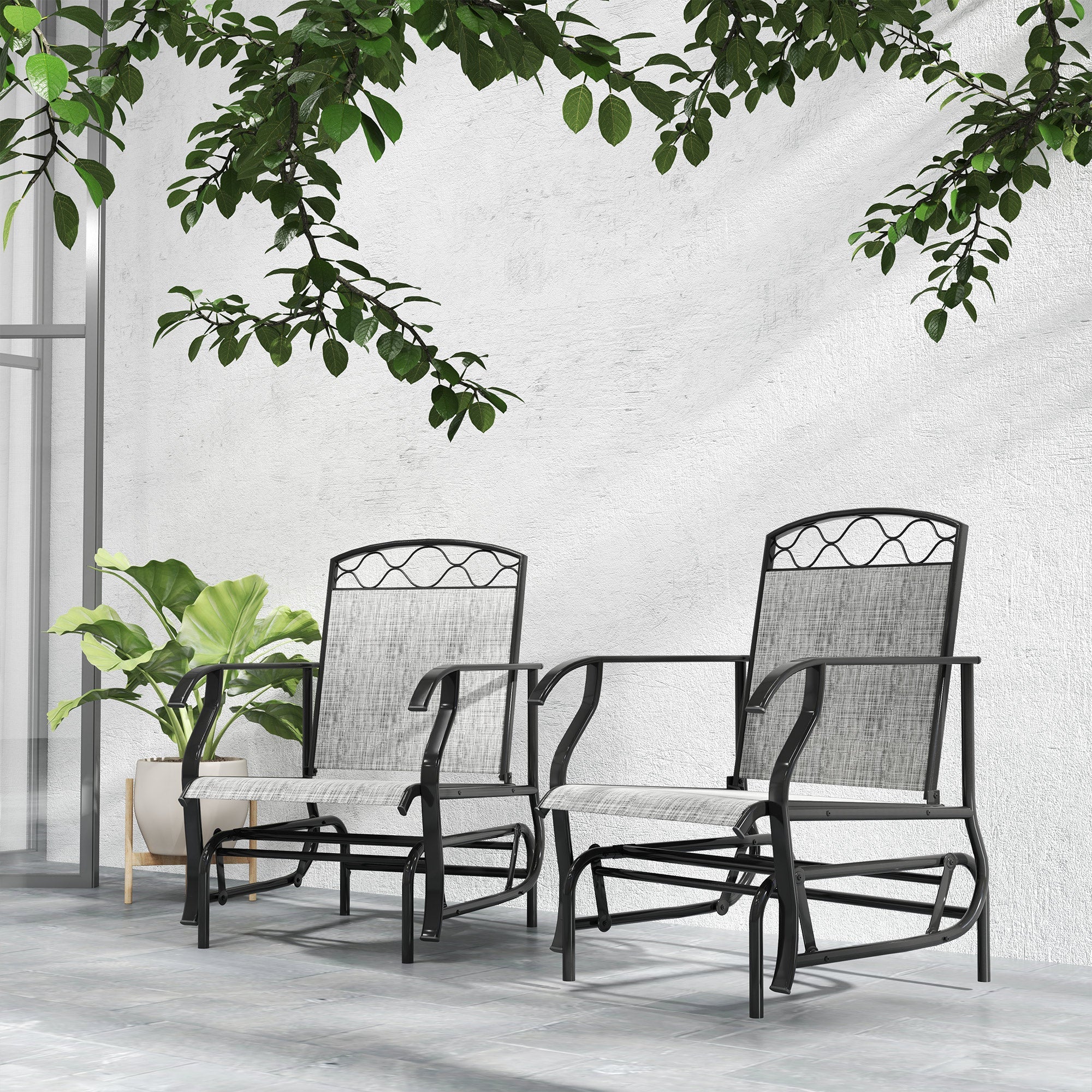 Outsunny Outdoor Glider Chair Set of 2, Patio Swing Chair with Thickened Breathable Mesh Seat, High Back, Steel Frame, Grey 