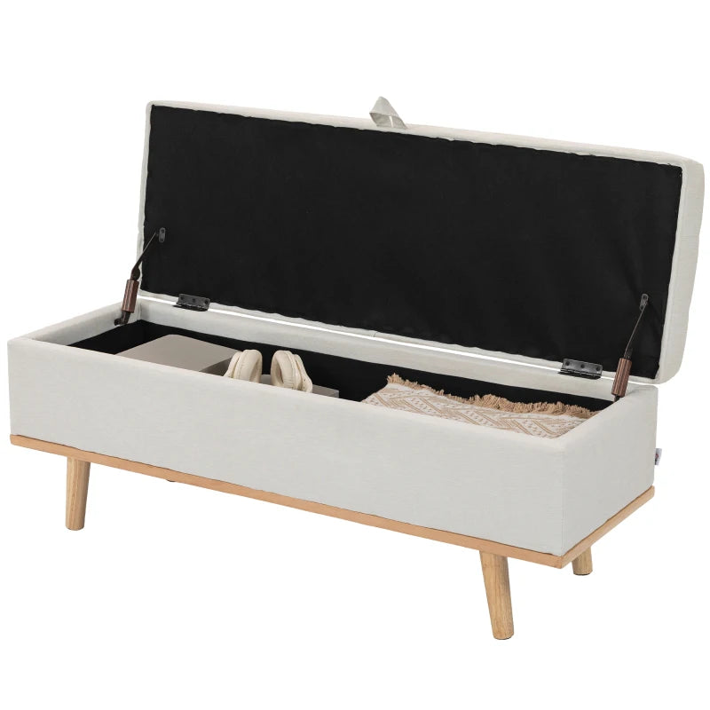 Storage Ottoman Bench, Foot Rest with Lift-Up Lid and Wood Legs, Linen Storage Chest for Living Room, Cream White