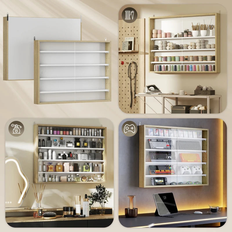 5-Tier Display Cabinet, Shot Glass Display Case, Glass Curio Cabinet with 2 Glass Doors and 4 Adjustable Shelves, Oak