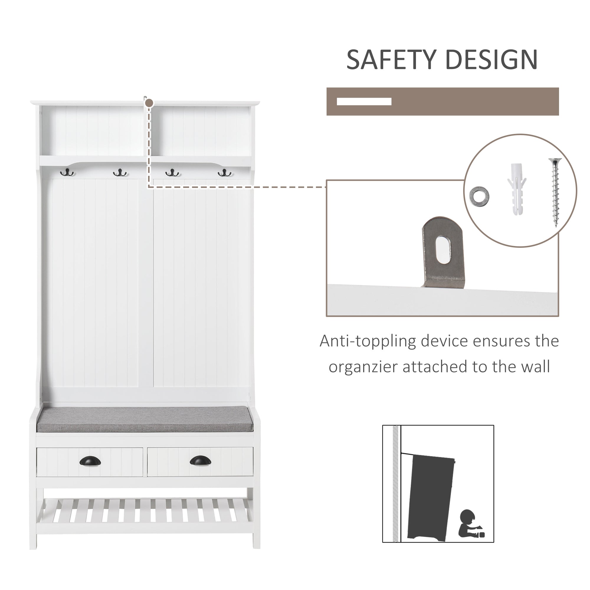 HOMCOM Hall Tree Bench: Entryway Bench with Coat Rack, Hooks, Drawer & Padded Seat, White 