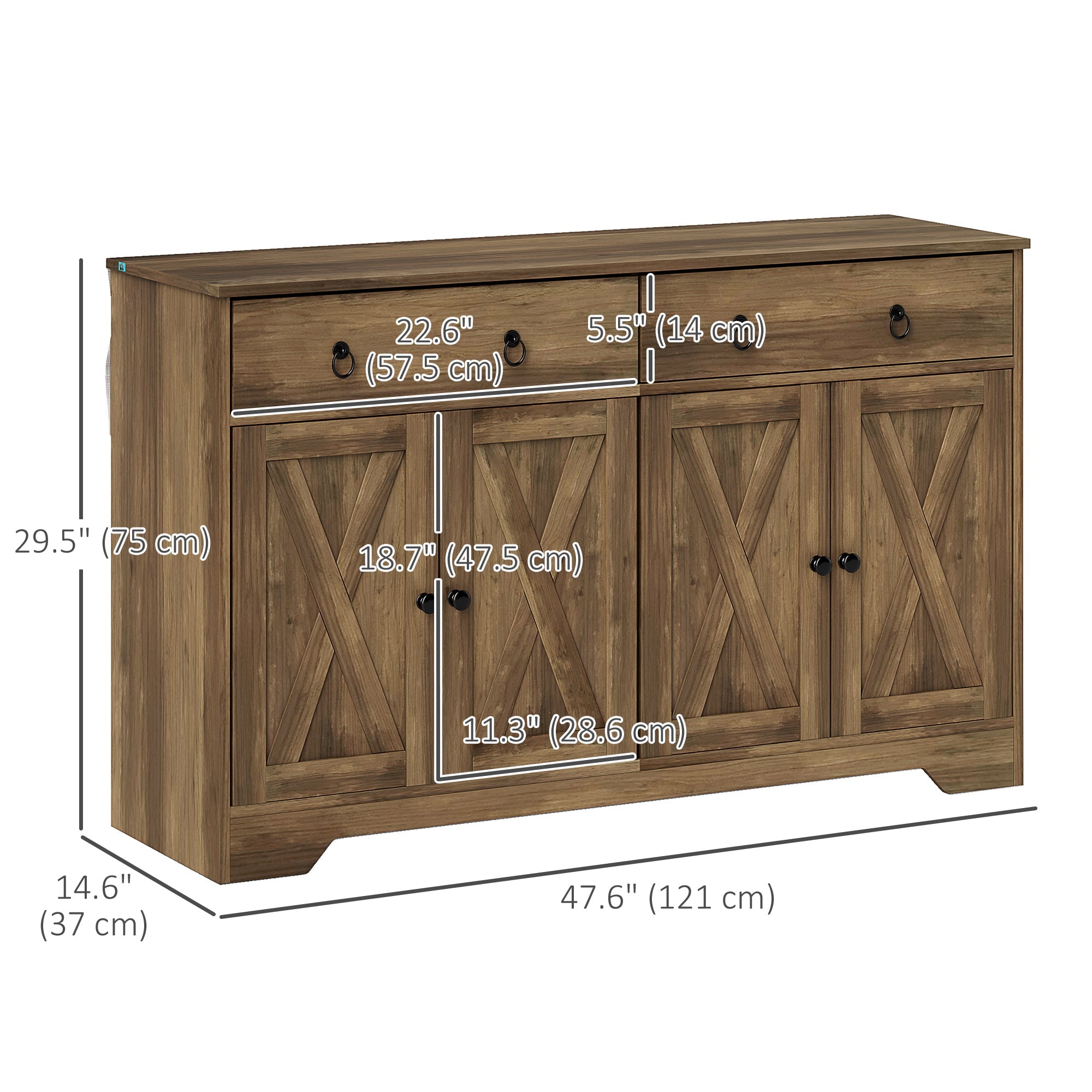 HOMCOM Sideboard Cabinet with 2 Drawers, 4 Barn Doors and 2 Adjustable Shelves, Buffet Table for Living Room, Light Brown 