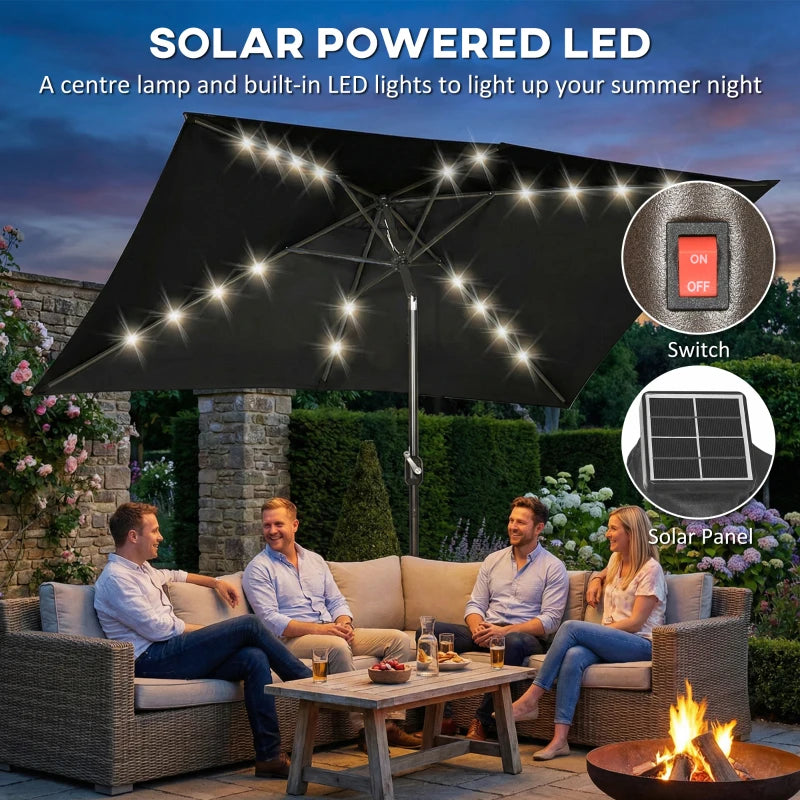 6.5x10ft Patio Umbrella, Rectangle Tilt Outdoor Market Parasol with LEDs, Black