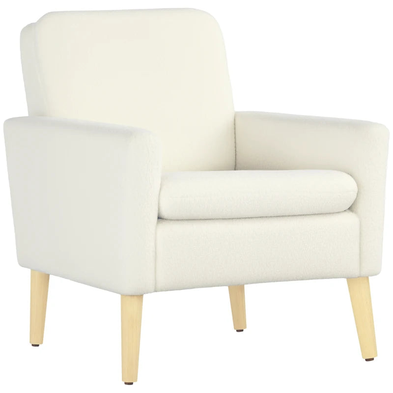 Fabric Accent Chair, Modern Upholstered Armchair with Wood Legs and Wide Padded Seat, Cream White