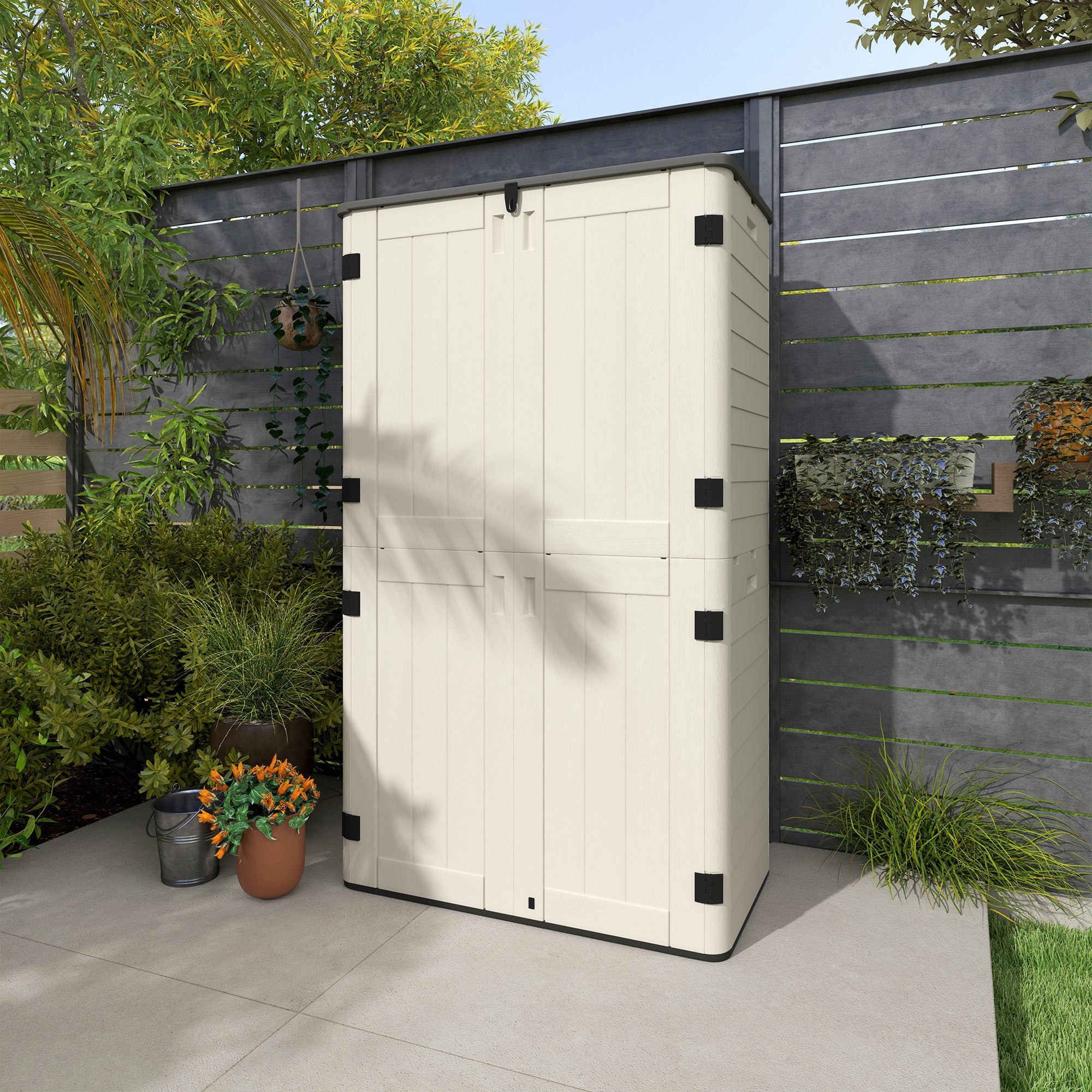 Outsunny 368 Gallon Outdoor Storage Cabinet with Openable Top and Lockable Doors for Lawnmower, Trash Can, Patio Accessories 