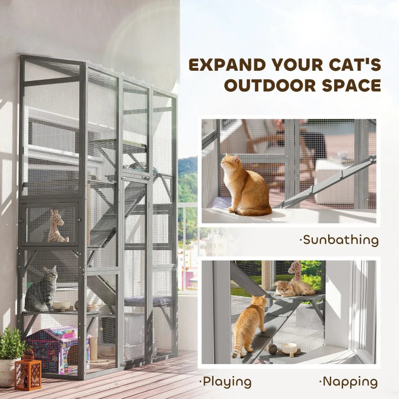 Wooden Catio Outdoor Cat Enclosure with 6 Jumping Platforms, Scratching Post, 2 Ramps, Waterproof Roof, Grey