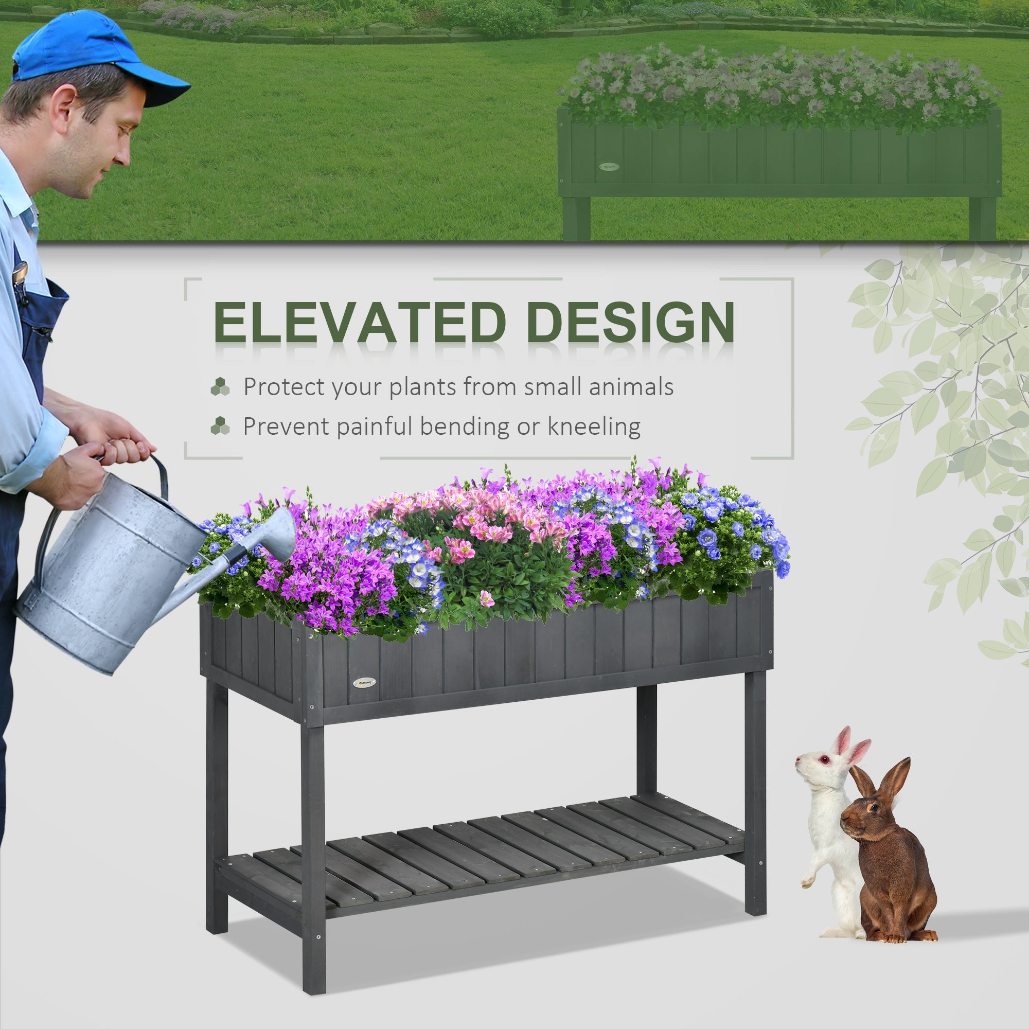 Outsunny 43.25" x 18" x 30" Raised Garden Bed, Wooden Plant Stand with 8 Grid Box, Storage Shelf for Outdoor, Dark Grey 