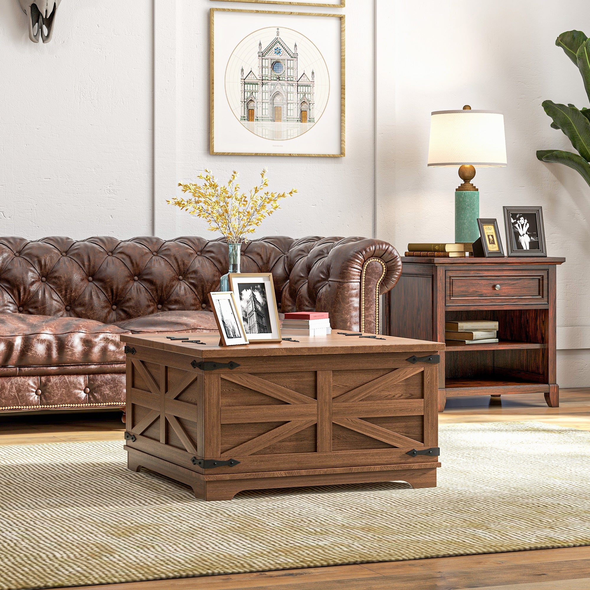 HOMCOM Farmhouse Coffee Table, Square Center Table with Flip-top Lids, Hidden Storage Compartment, Brown 