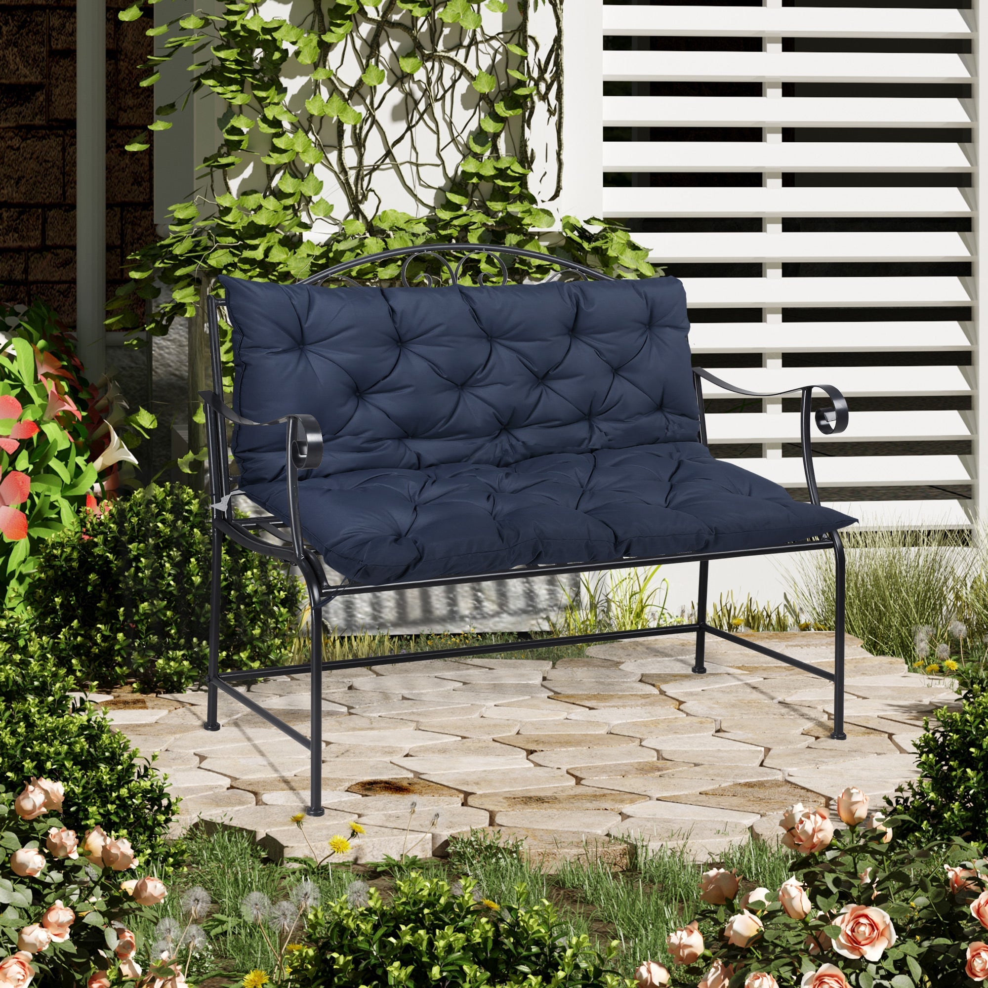 Outsunny 2-Seater Garden Bench with 4.7" Thick Cushions, Non-Slip Backrest Pad, Outdoor Patio Furniture, Navy Blue 