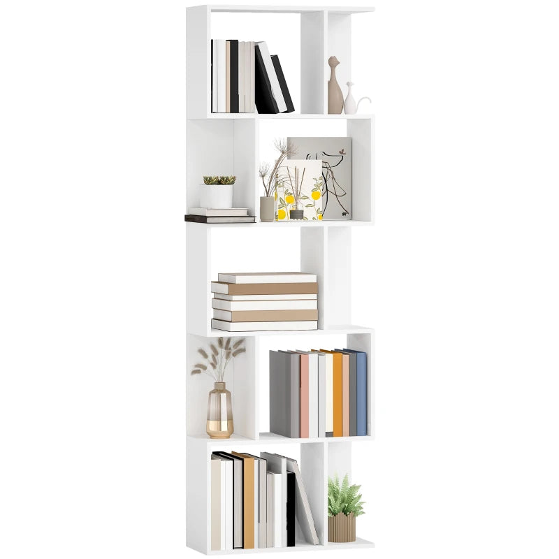 5-Tier Geometric Bookshelf, S Shaped Bookcase, Modern Freestanding Display Shelf Unit for Home Office, White