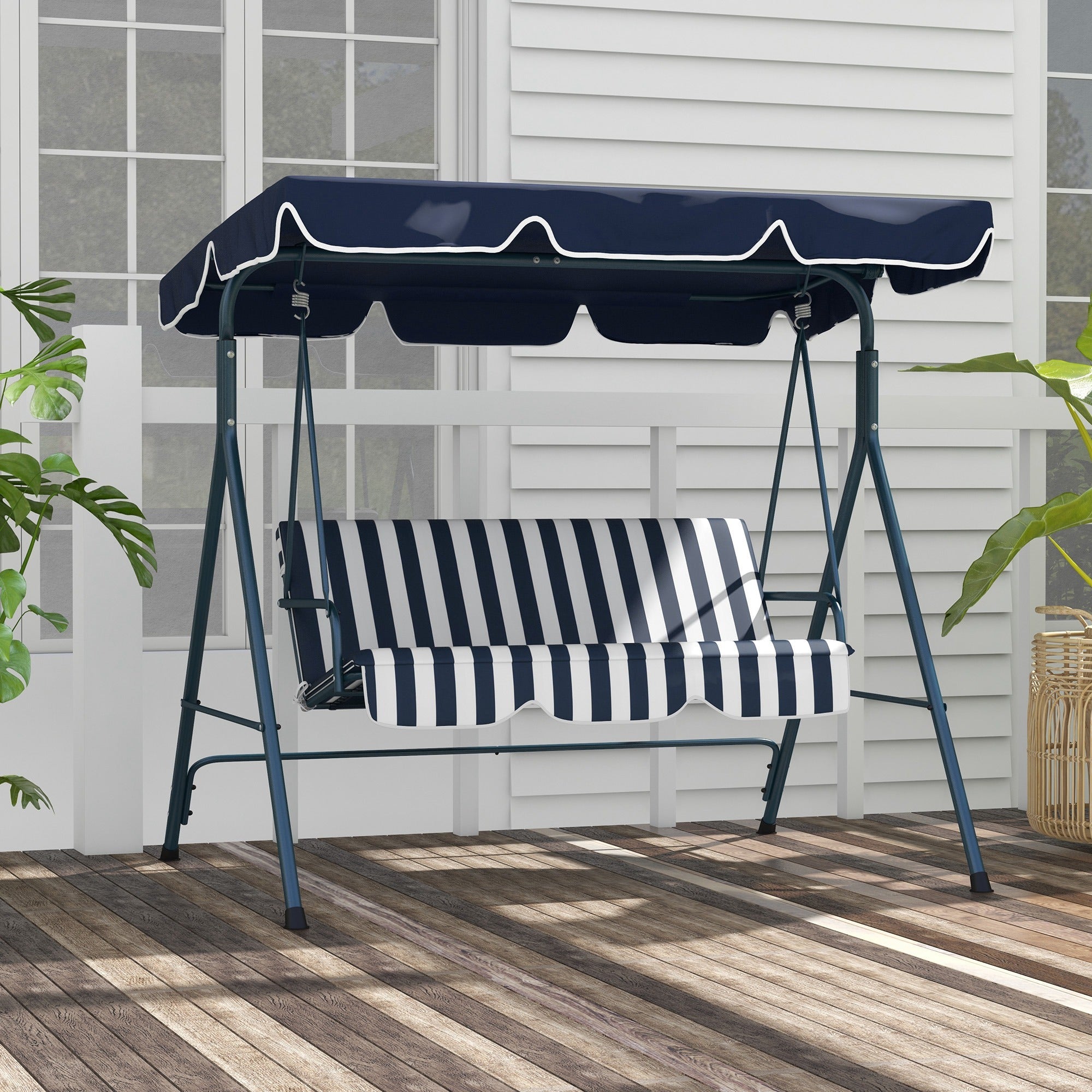 Outsunny 3-Seater Outdoor Porch Swing with Adjustable Canopy, Patio Swing Chair for Garden, Poolside, Backyard, Blue and White 
