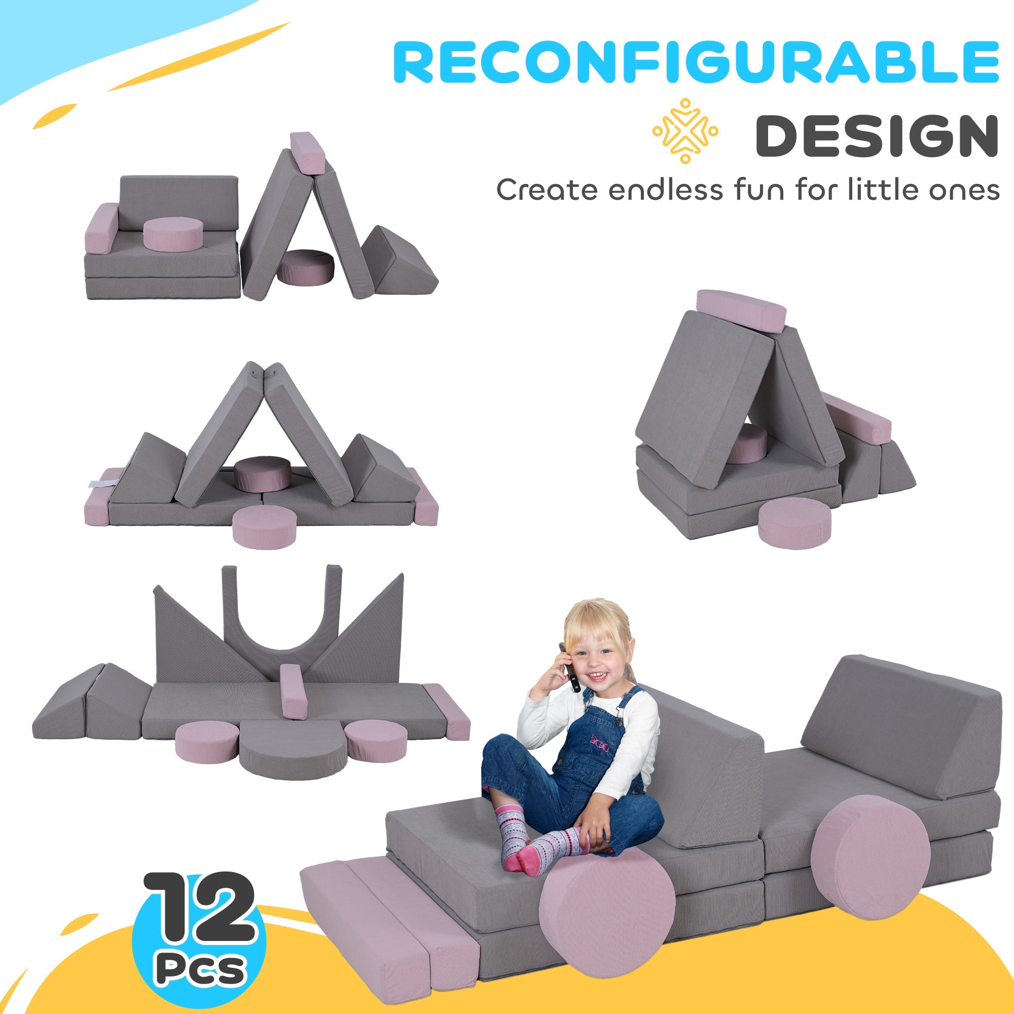 Qaba 12-Piece Modular Kids Play Couch Building Fort for Playroom Bedroom, Convertible Kids Sofa, Grey 
