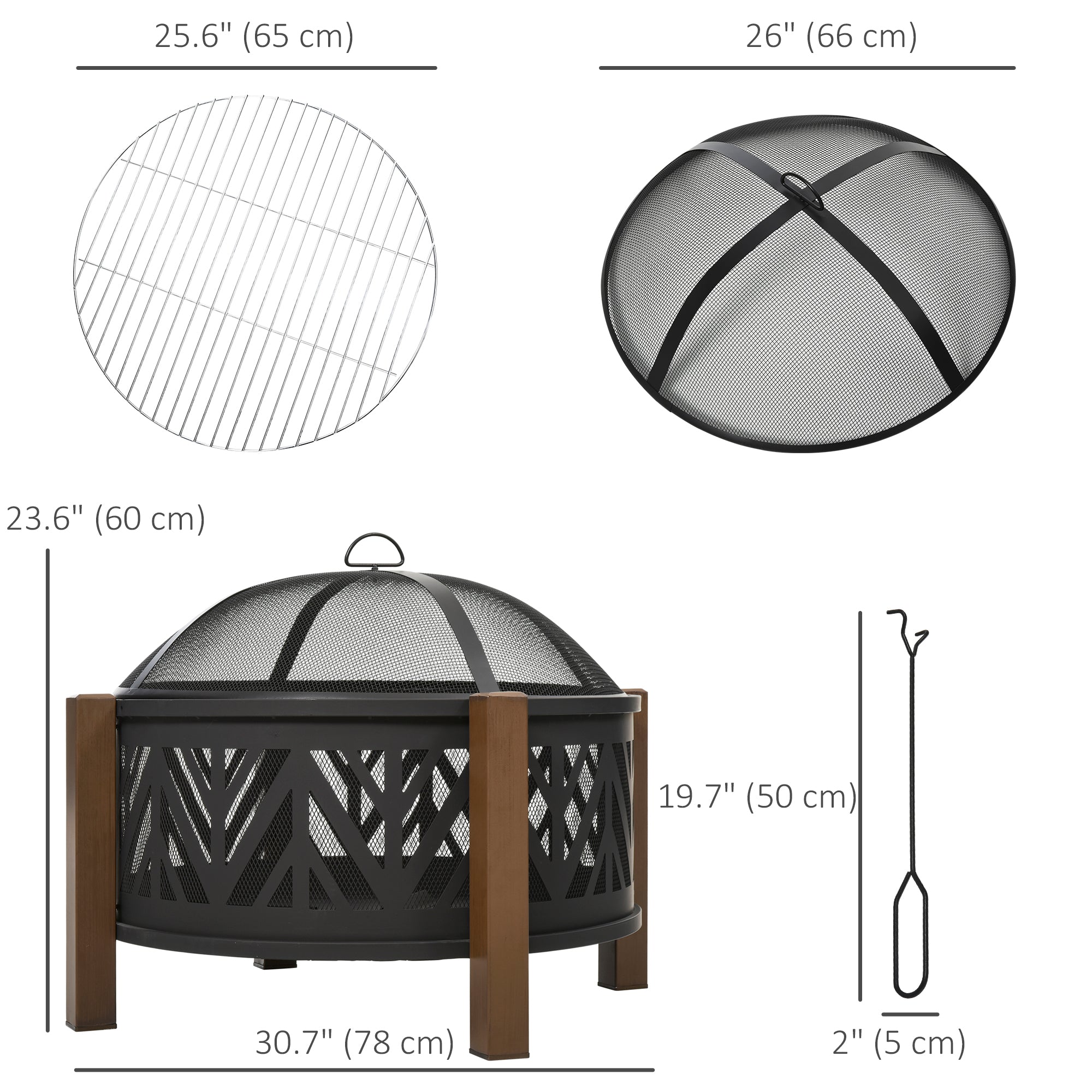 Outsunny 31" Outdoor Fire pit, 2-in-1 Wood Burning Fire Pit Brazier with Lid, BBQ Grill, Poker for Backyard, Camping, Black 