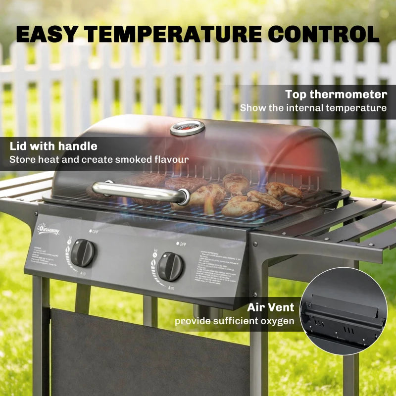 Outsunny 2-Burner Propane Gas Grill, 18000 BTU BBQ Grill with Wheels, Warming Rack, Shelf, Thermometer, Grease Cup, Black