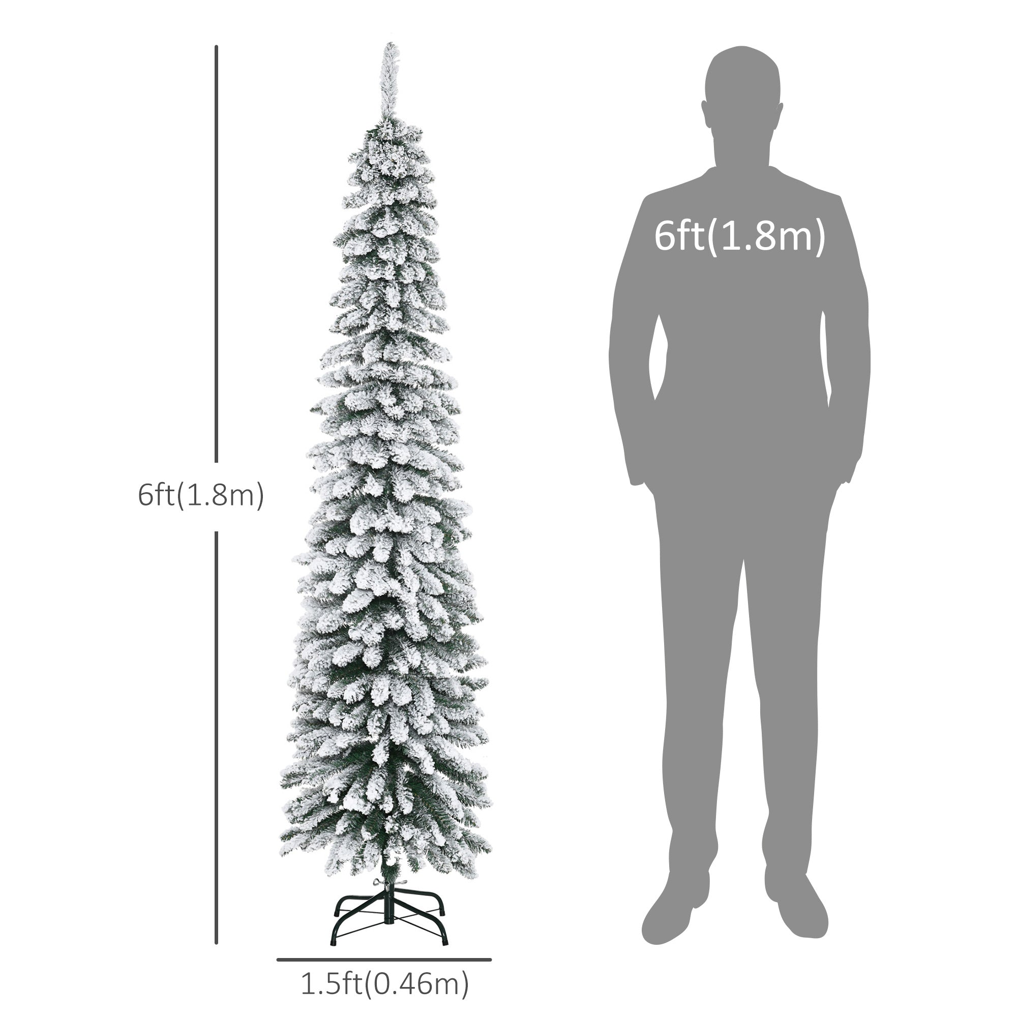 HOMCOM 6 Ft Snow-Flocked Artificial Christmas Tree, Slim Pencil Xmas Tree with Realistic Branches, Metal Base, Green 