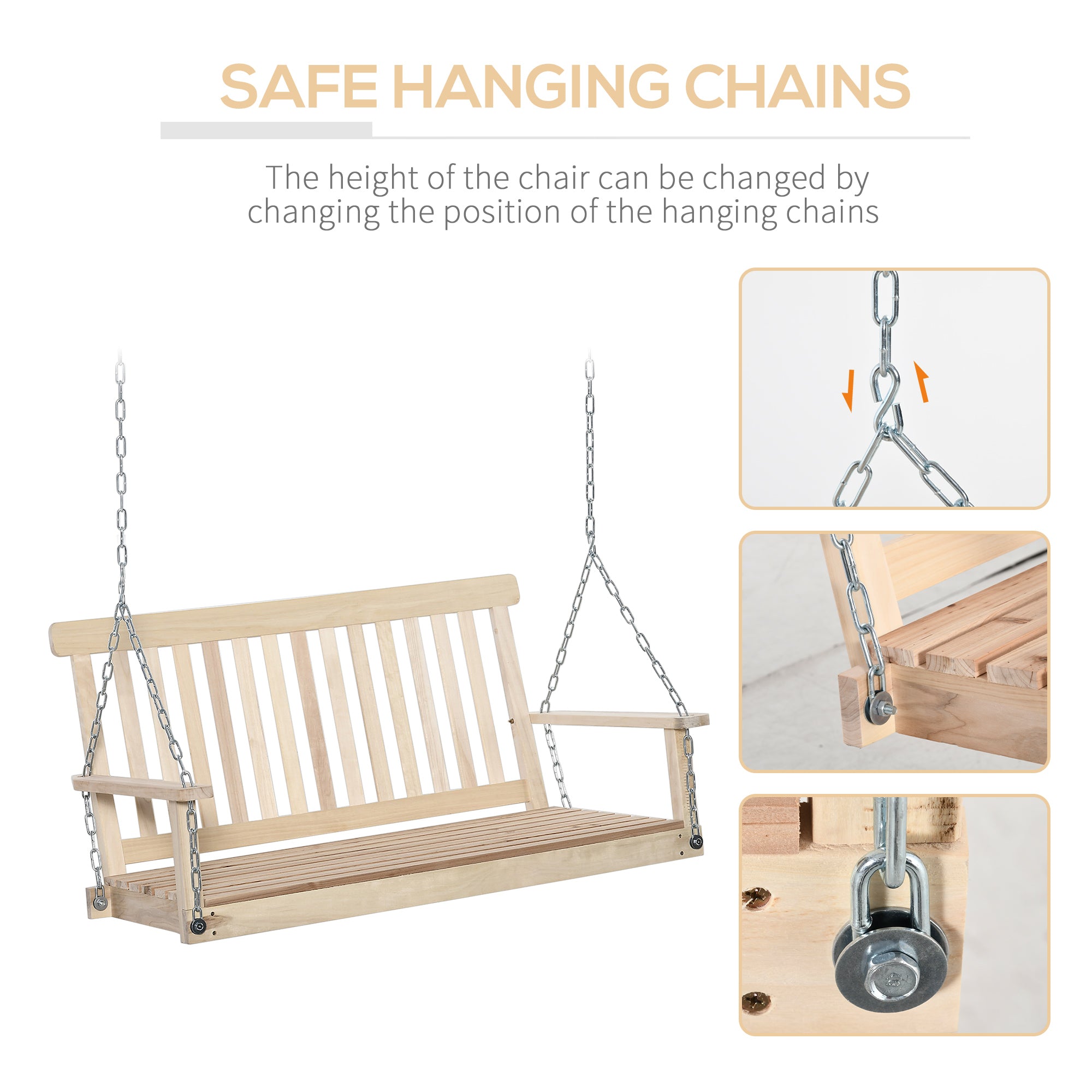 Outsunny 2-Seater Patio Swing Chair: Slatted Fir Wood Design with Hanging Chains, Natural Finish 