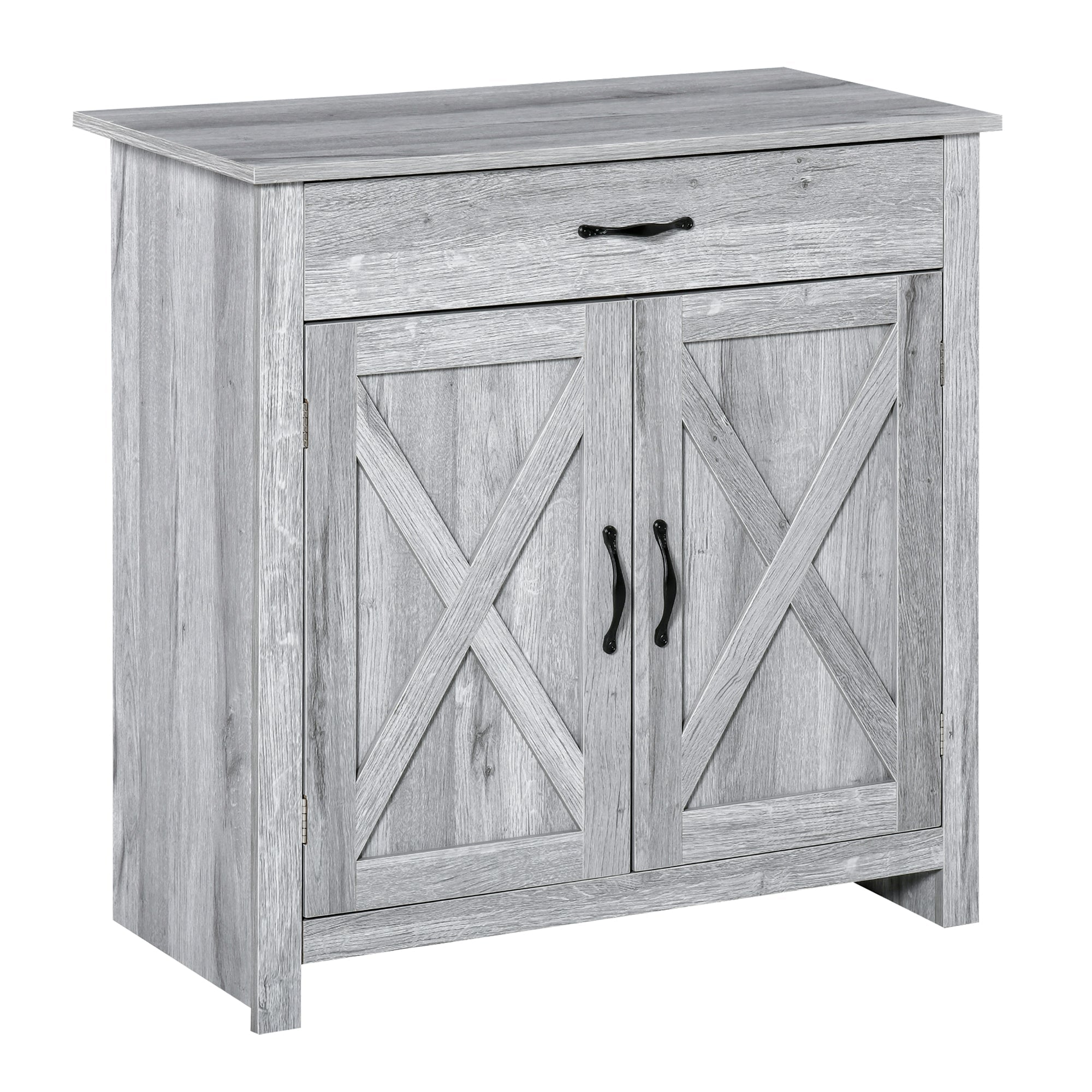 HOMCOM Farmhouse Grey Barn Door Cabinet: Accent Buffet Storage Sideboard Coffee Bar for Living Room, Entryway, Grey Grain Finish 