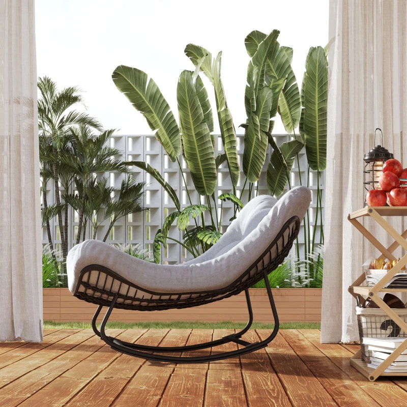 Oversized Rattan Patio Egg Chair, Outdoor Rocking Chair with Padded Cushion for Indoor, Porch, Grey