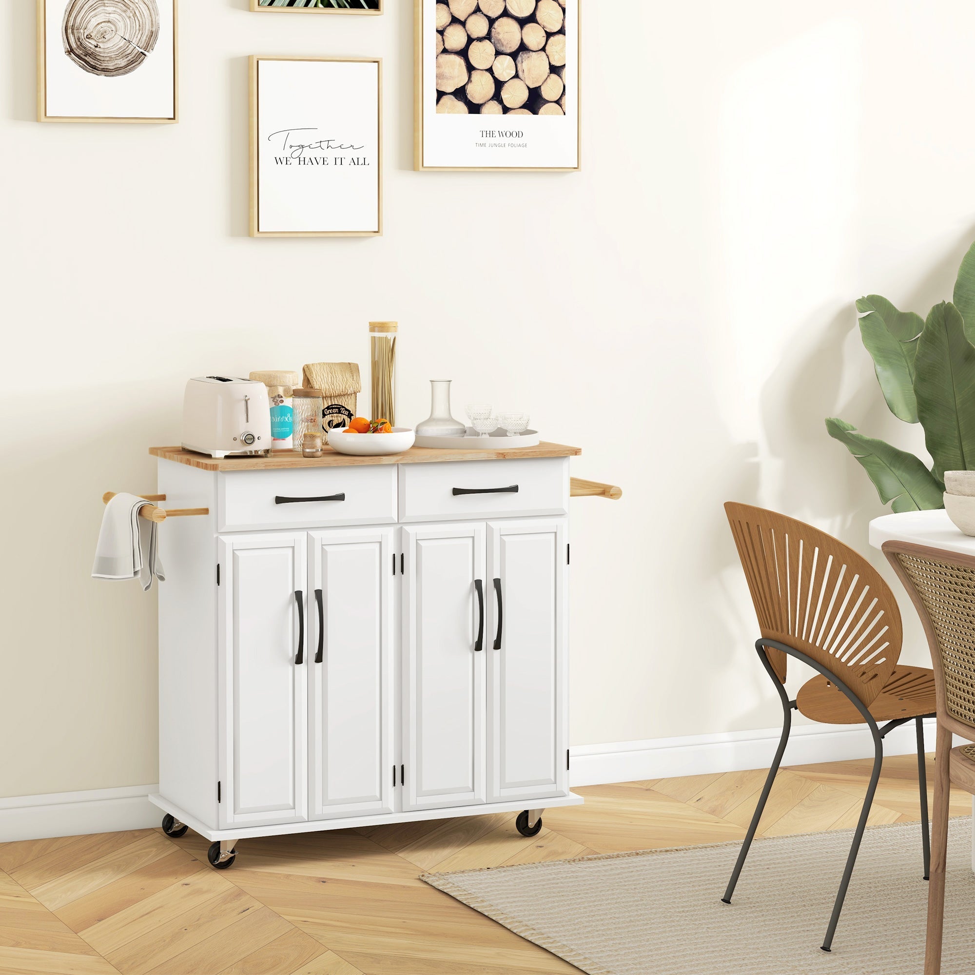 HOMCOM Kitchen Cart on Wheels: Rubber Wood Top, 2 Drawers, 4 Doors & Adjustable Shelving 