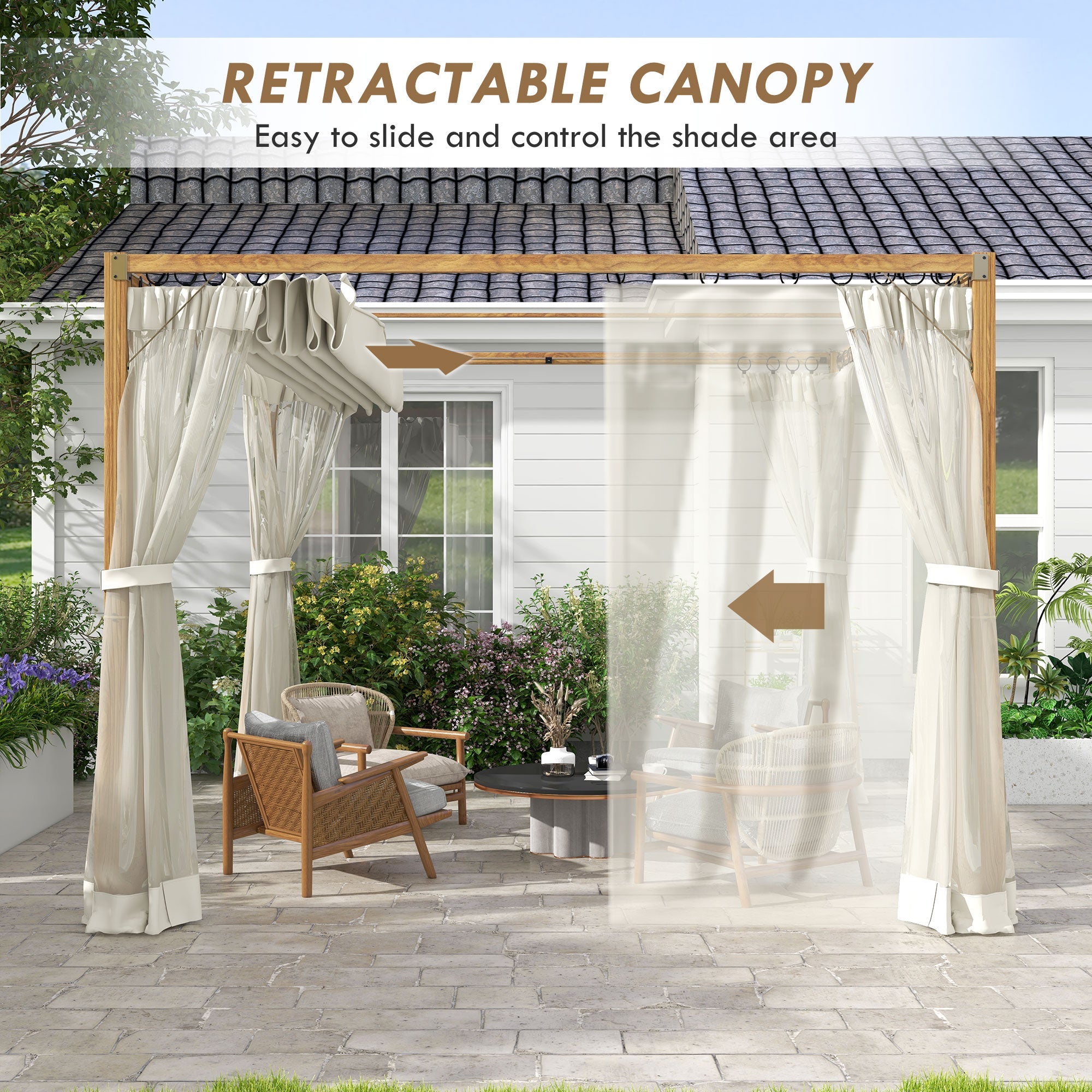Outsunny 10x10 ft Garden Gazebo Shelter with Retractable Pergola, Nettings for Grill & Patio Deck, Natural - Create a Cozy Retreat 
