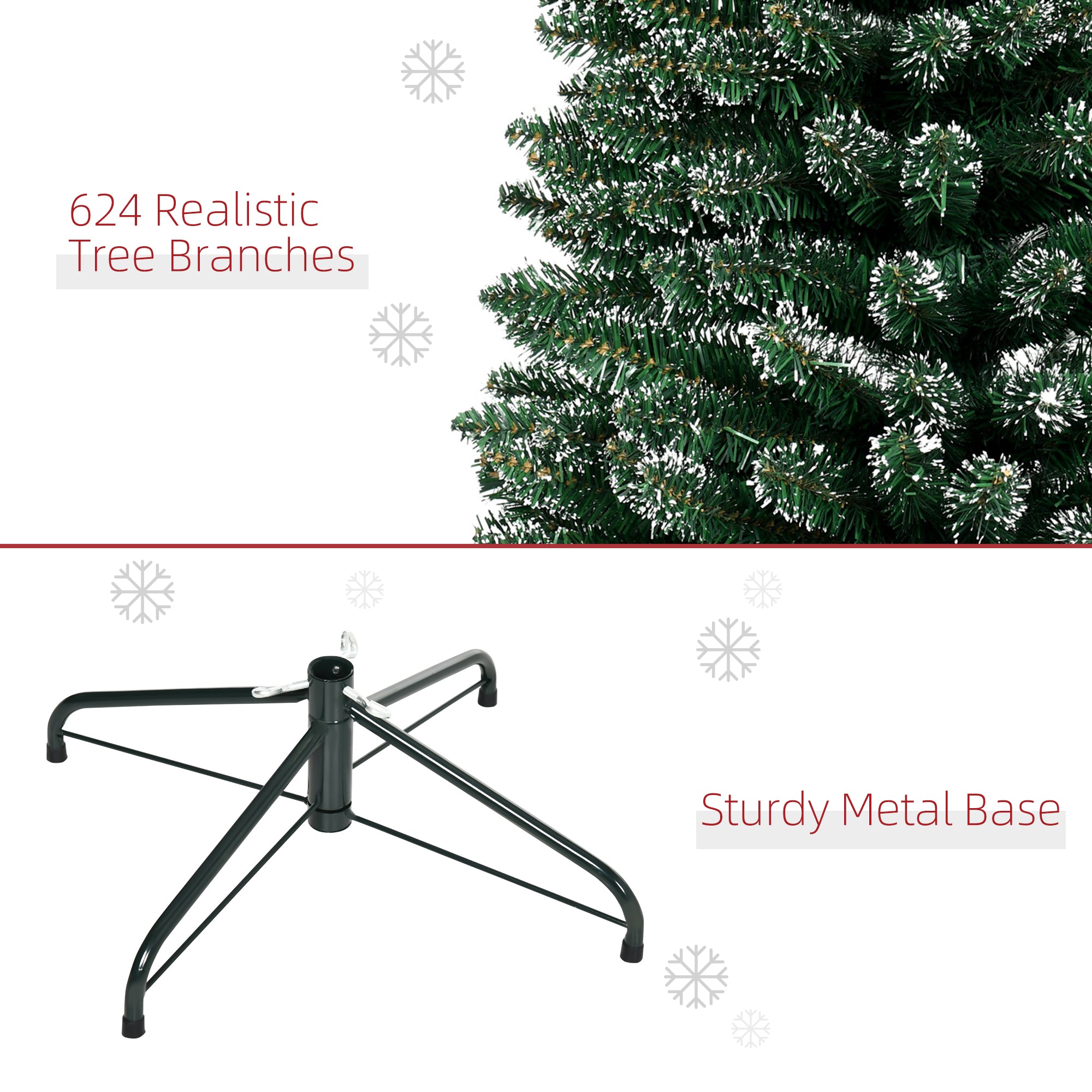 HOMCOM 7.5FT Artificial Snow Dipped Christmas Tree Xmas Pencil Tree Holiday Home Indoor Decoration with Foldable Black Stand, Green 