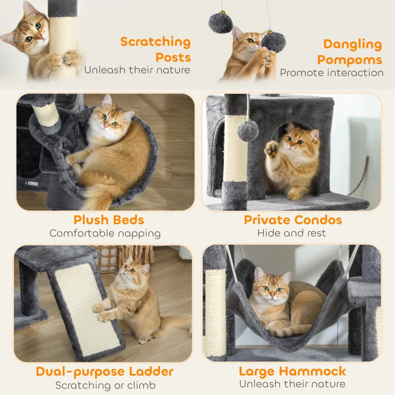 76" Large Cat Tree for Indoor Cats with 8 Scratching Posts, 3 Plush Beds, 2 Hammocks, 2 Large Condos, Ramp, Dark Grey