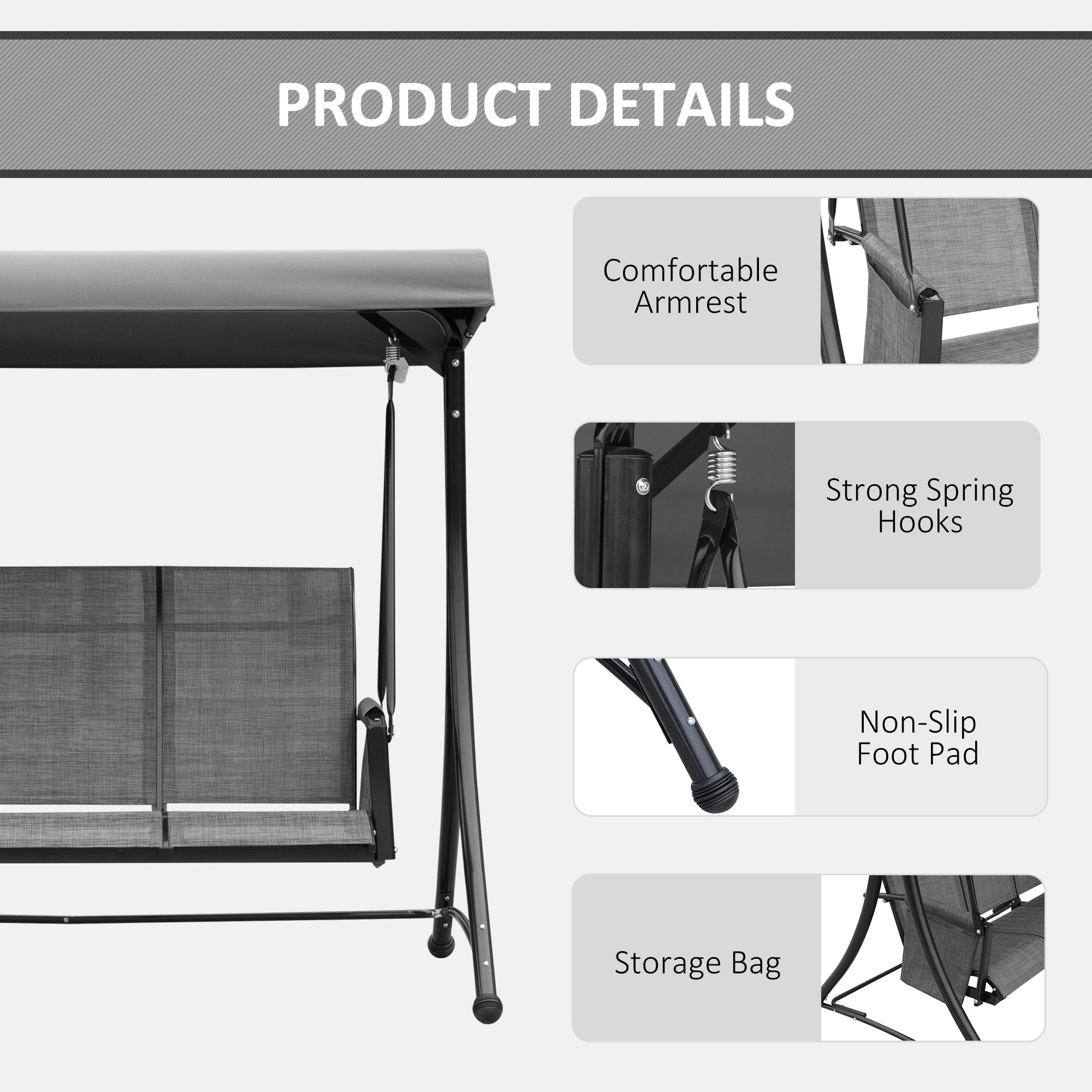 Outsunny 3 Person Porch Swing Chair - High Back Design, Side Pouches, Adjustable Canopy for Comfort, Dark Grey 