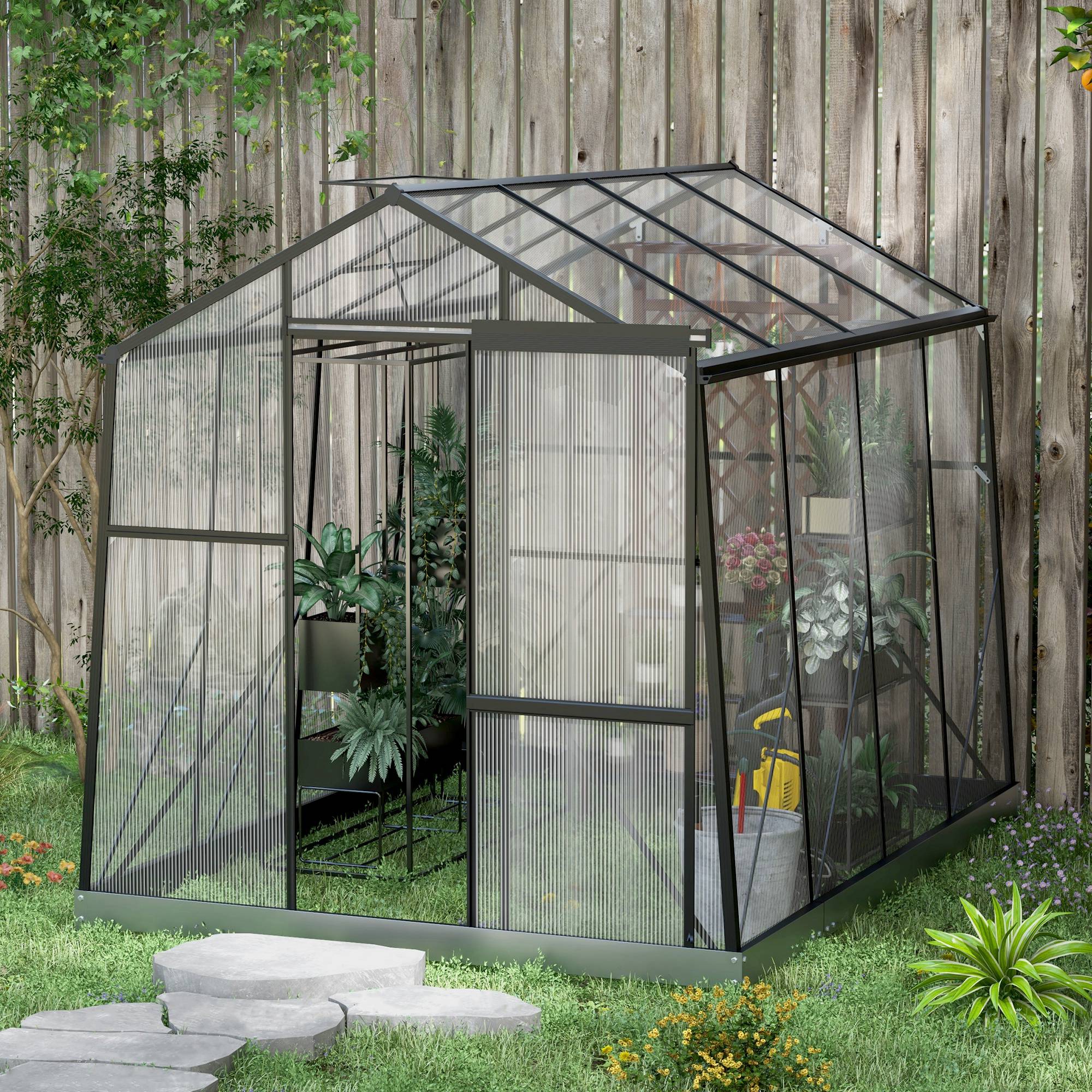 Outsunny 6'x8' Aluminium Walk-in Greenhouse with Polycarbonate Panels - Features Sliding Door, 5-Level Roof Vent, Rain Gutter 