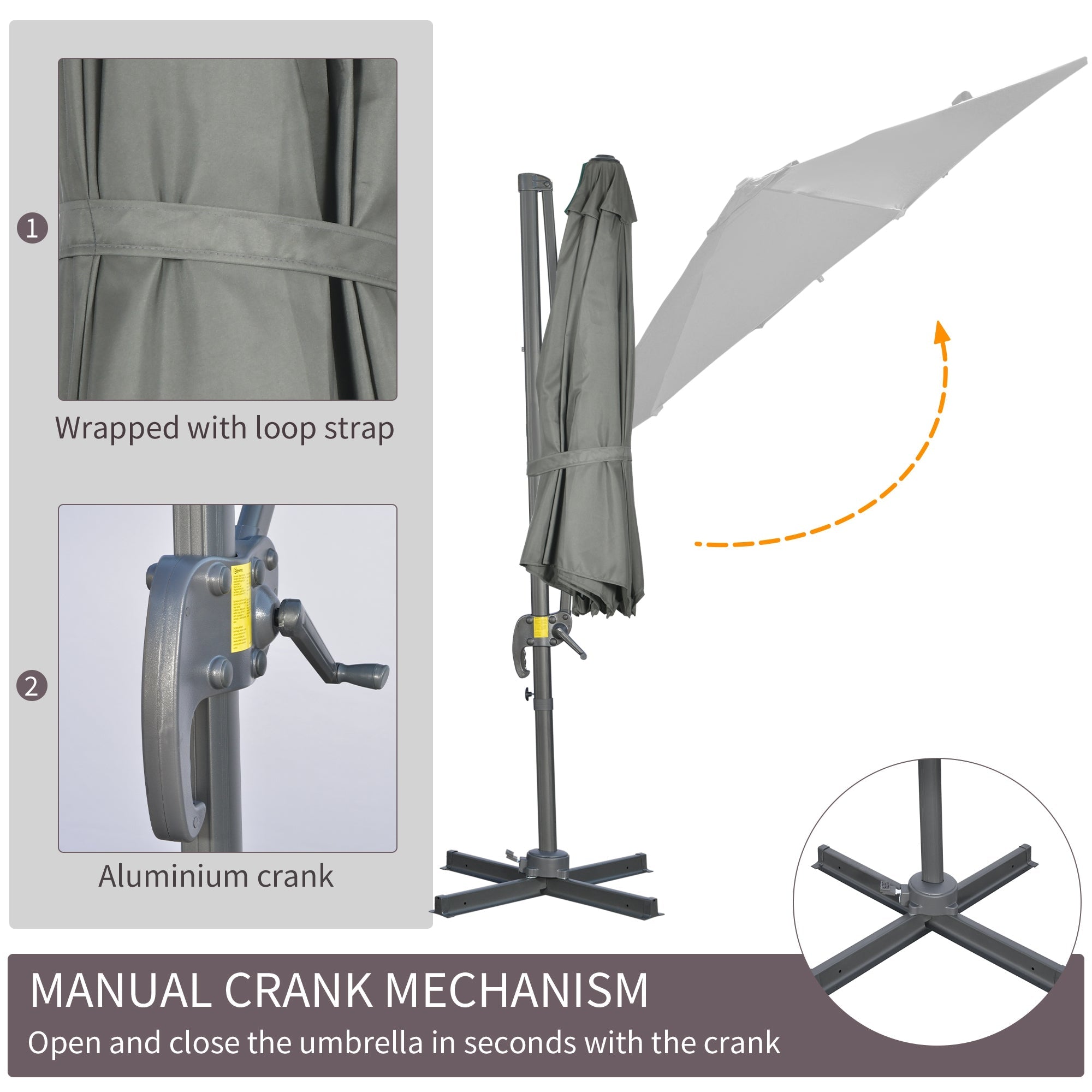 Outsunny Patio Offset Cantilever Umbrella: Φ9.6ft Aluminum Crank Parasol with 360° Rotation & Cross Base, Grey 