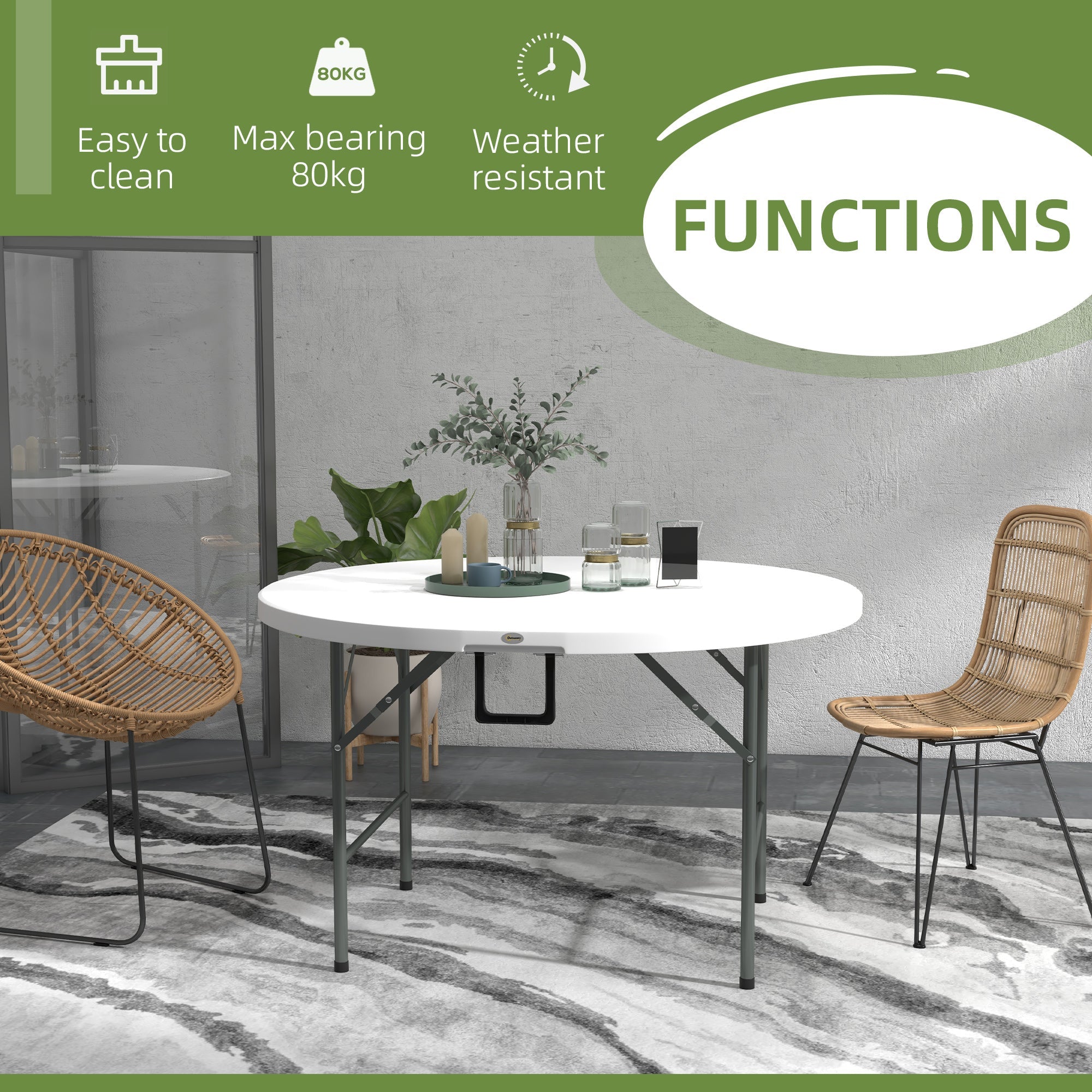 Outsunny Φ48" Folding Patio Table Outdoor HDPE Picnic Card Table for 6 Round Metal Frame White 