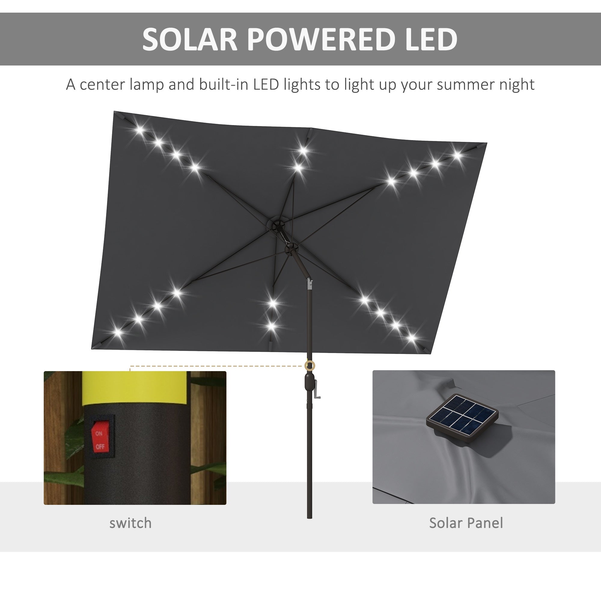 Outsunny 6.5x10ft Patio Umbrella Tilt Aluminum Outdoor Market Parasol with Solar Powered LEDs, Crank - Dark Grey 
