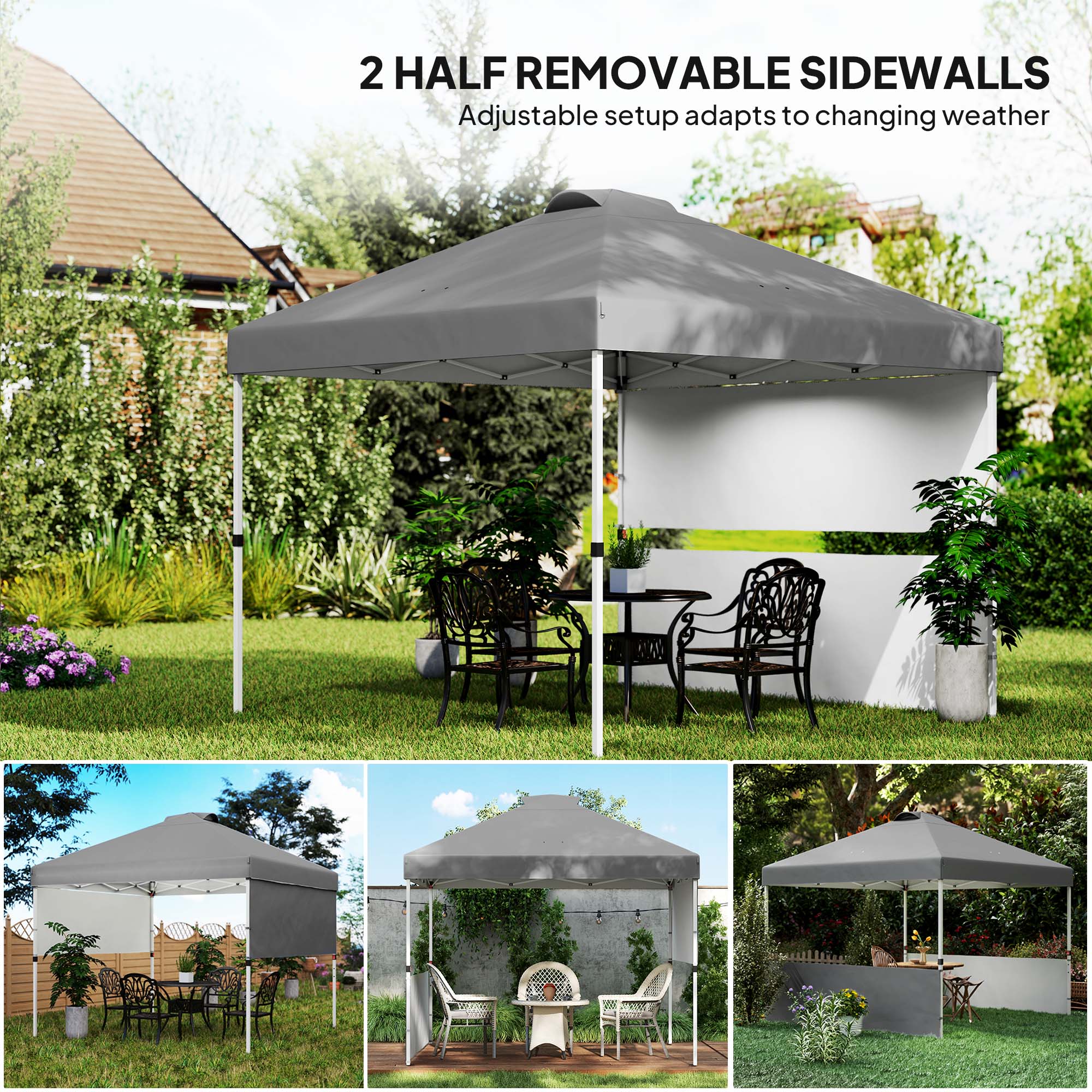 Outsunny 10' x 10' Pop Up Canopy Tent with 2 Half Sidewalls, UV50+ Height Adjustable Instant Sun Shelter, Dark Grey 