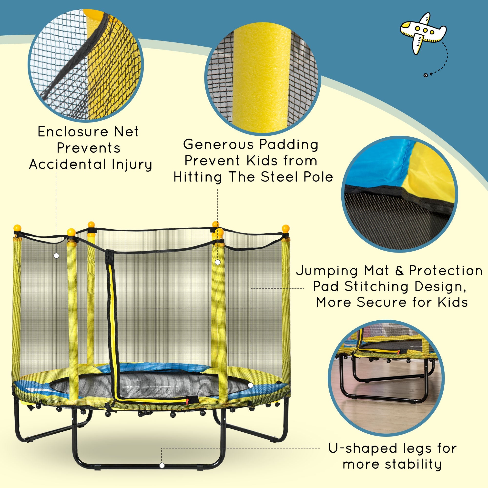 Qaba 4.6FT Trampoline for Kids with Enclosure Net for Ages 3-10, Indoor Outdoor Use, Yellow 