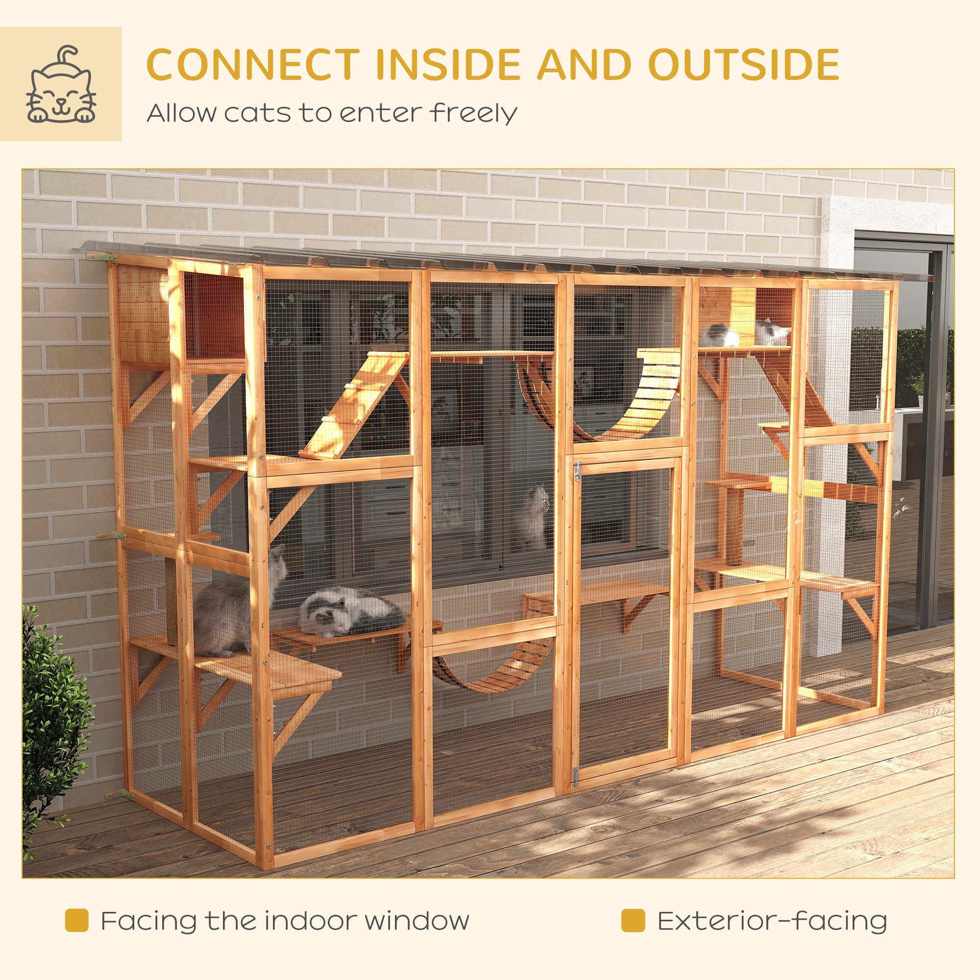 PawHut Expansive Outdoor Catio with Condos Platforms Doors Ladders Weather-Resistant Roof Orange 