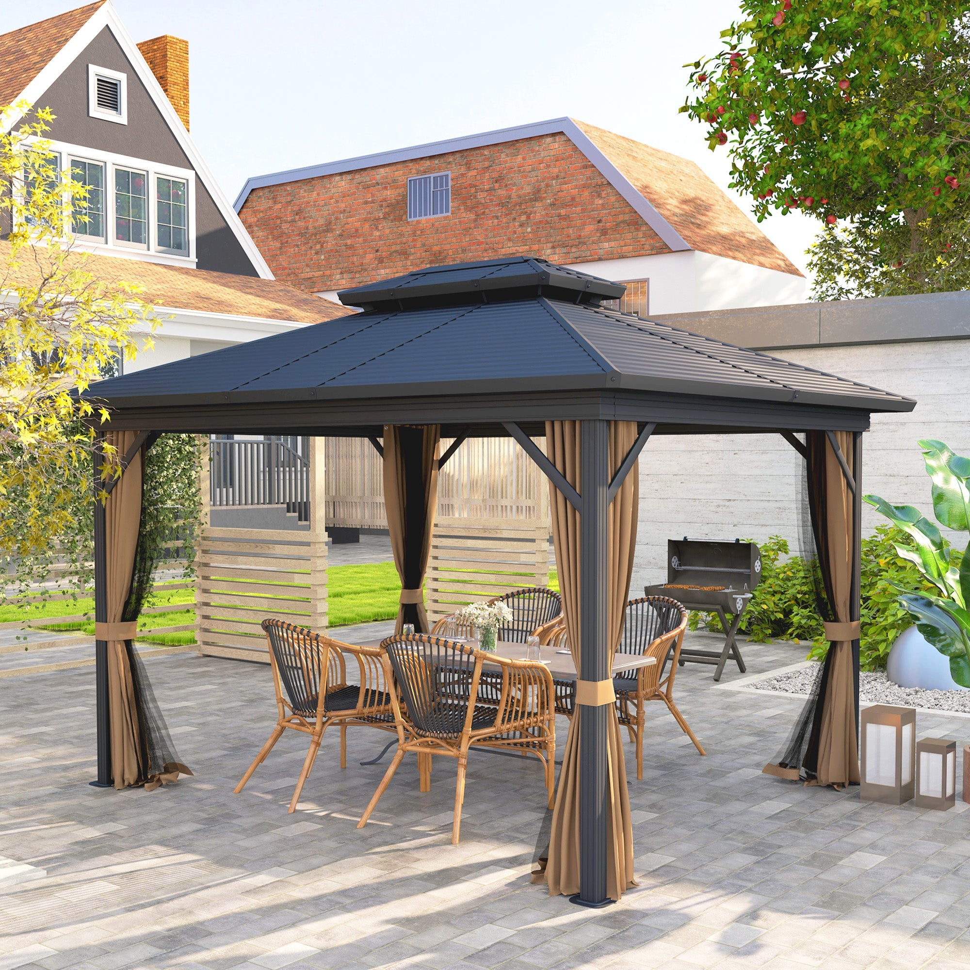 Outsunny 10' x 12' Hardtop Gazebo, Sun Shelter with Double Tier Metal Roof, Mosquito Netting, and Hanging Hook, Dark Brown 