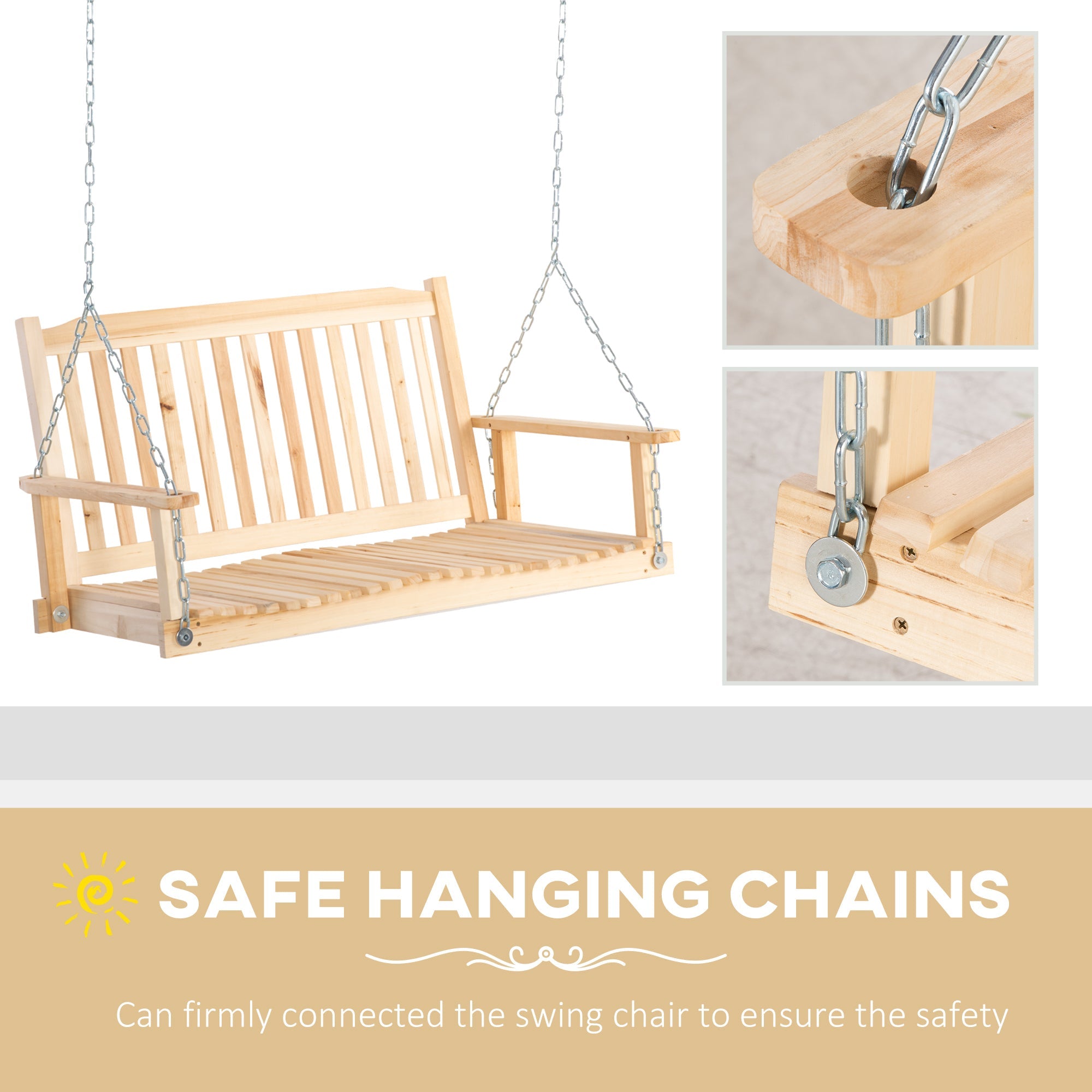 Outsunny Patio Swing Bench: 2-Person Natural Wood Design with Adjustable Hanging Chains 