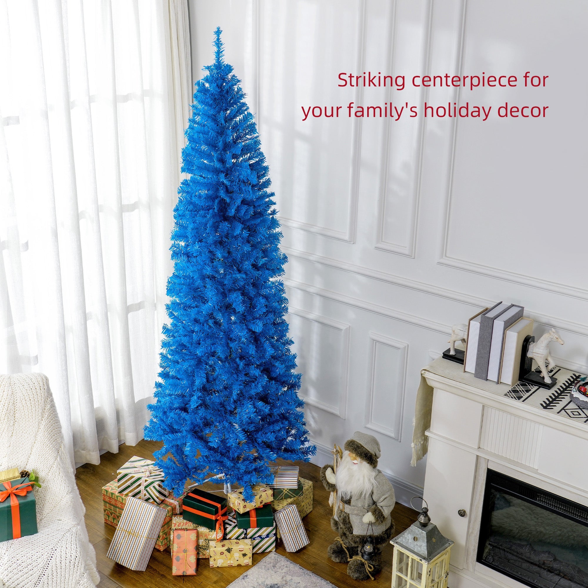 HOMCOM 7FT Pencil Christmas Tree, Artificial Christmas Tree with Automatic Open for Home Party, Blue 