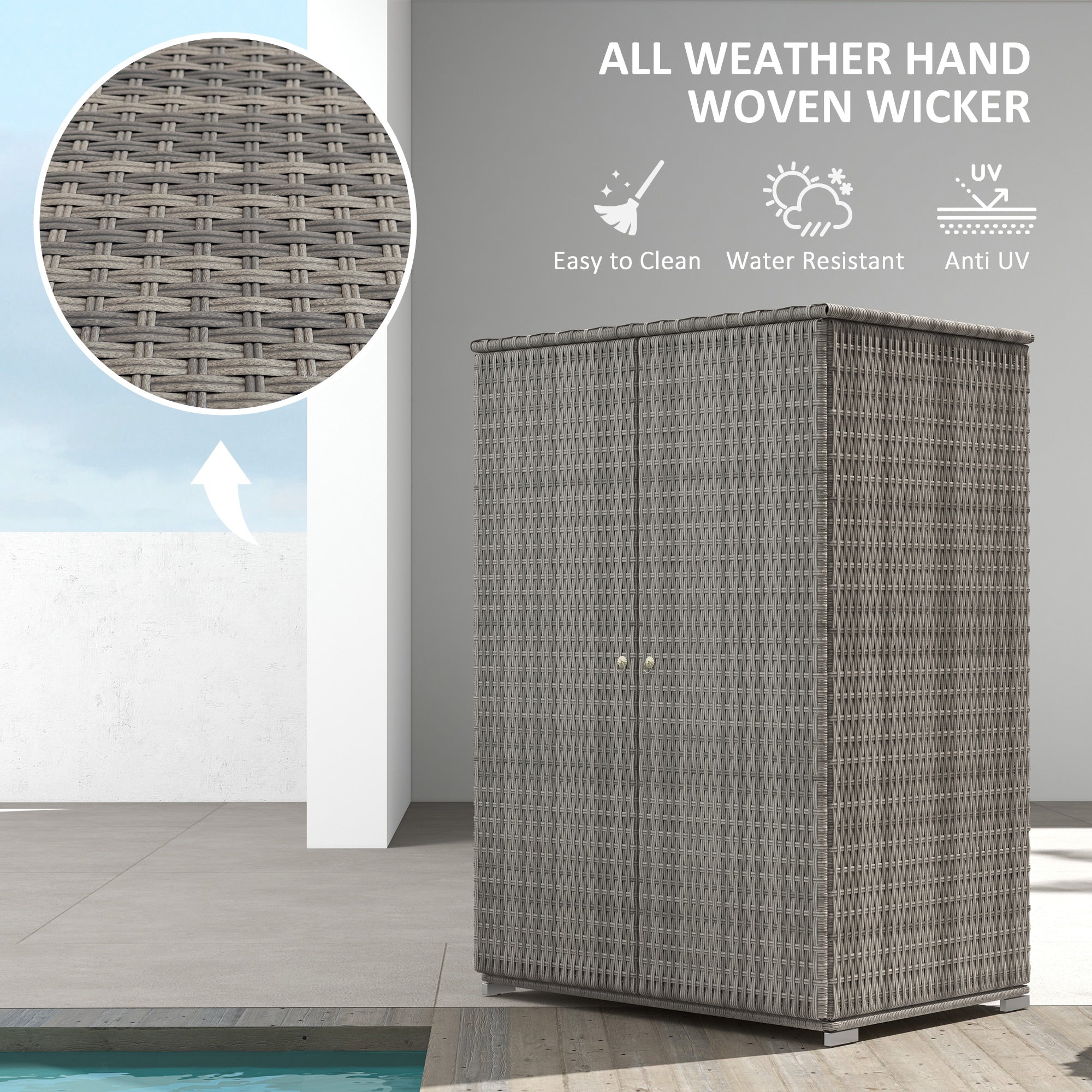 Outsunny Wicker Outdoor Storage Cabinet, 2-Door Rattan Pool Towel Storage Cabinet with Drawer & Removable Shelf, Dark Grey 