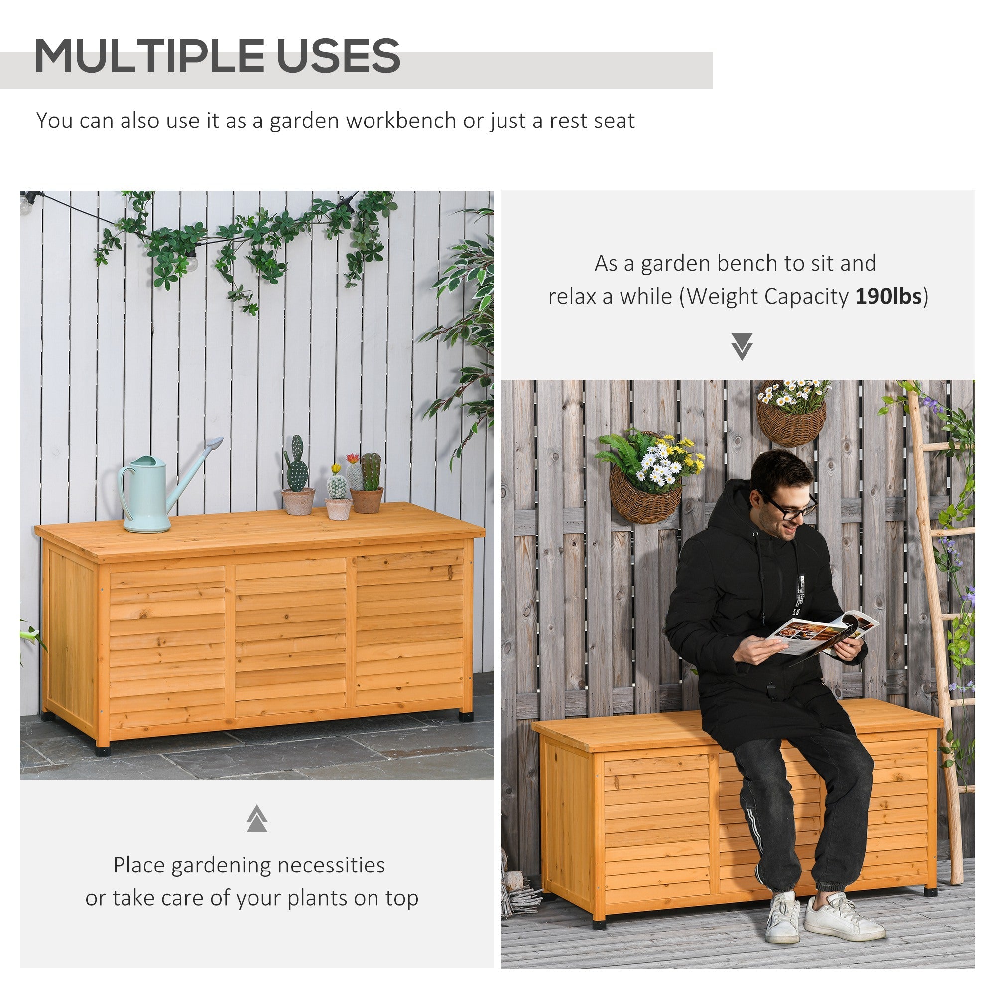 Outsunny 75 Gallon Wooden Deck Box, Outdoor Storage Container with Aerating Gap & Weather-Fighting Finish, Yellow 