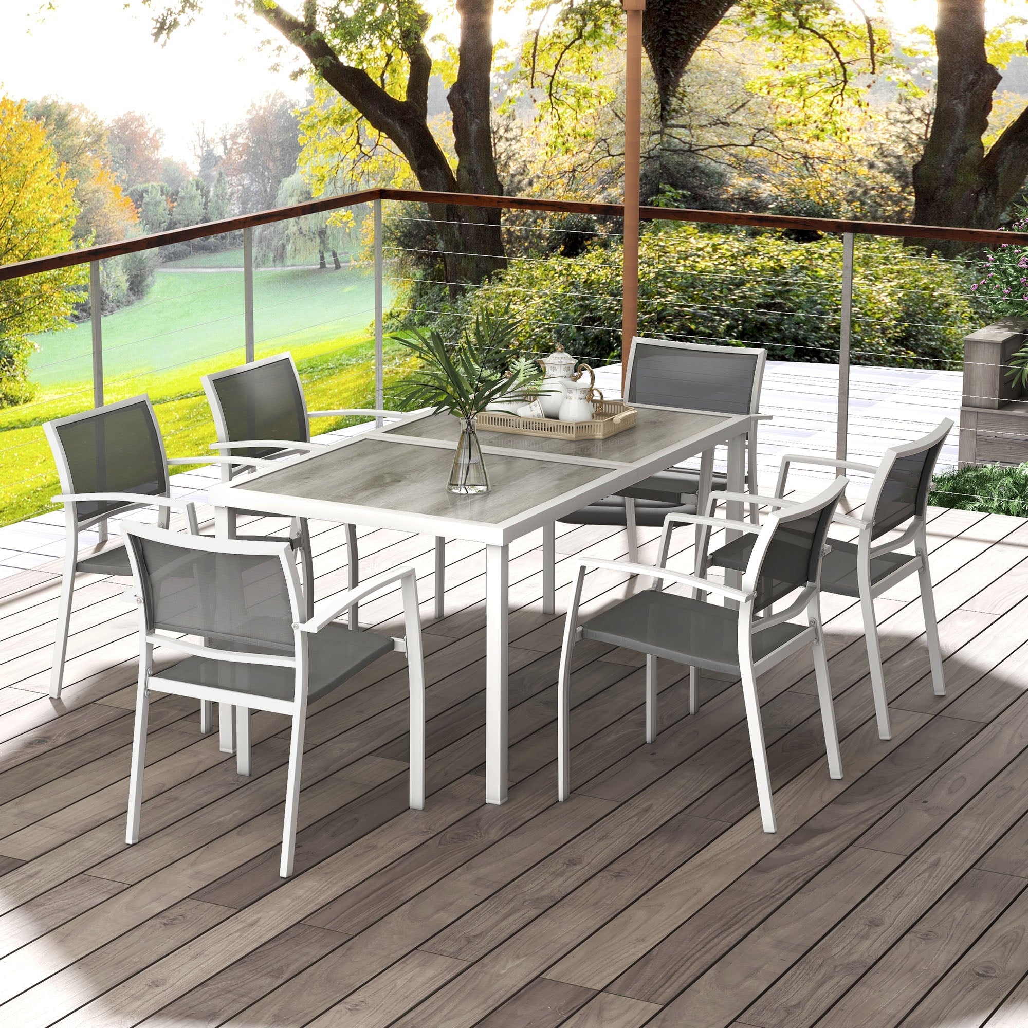 Outsunny 7 Pieces Outdoor Dining Set with 6 Stackable Chairs, Patio Table and Chairs with Plastic Top, Breathable Mesh Seat Back 